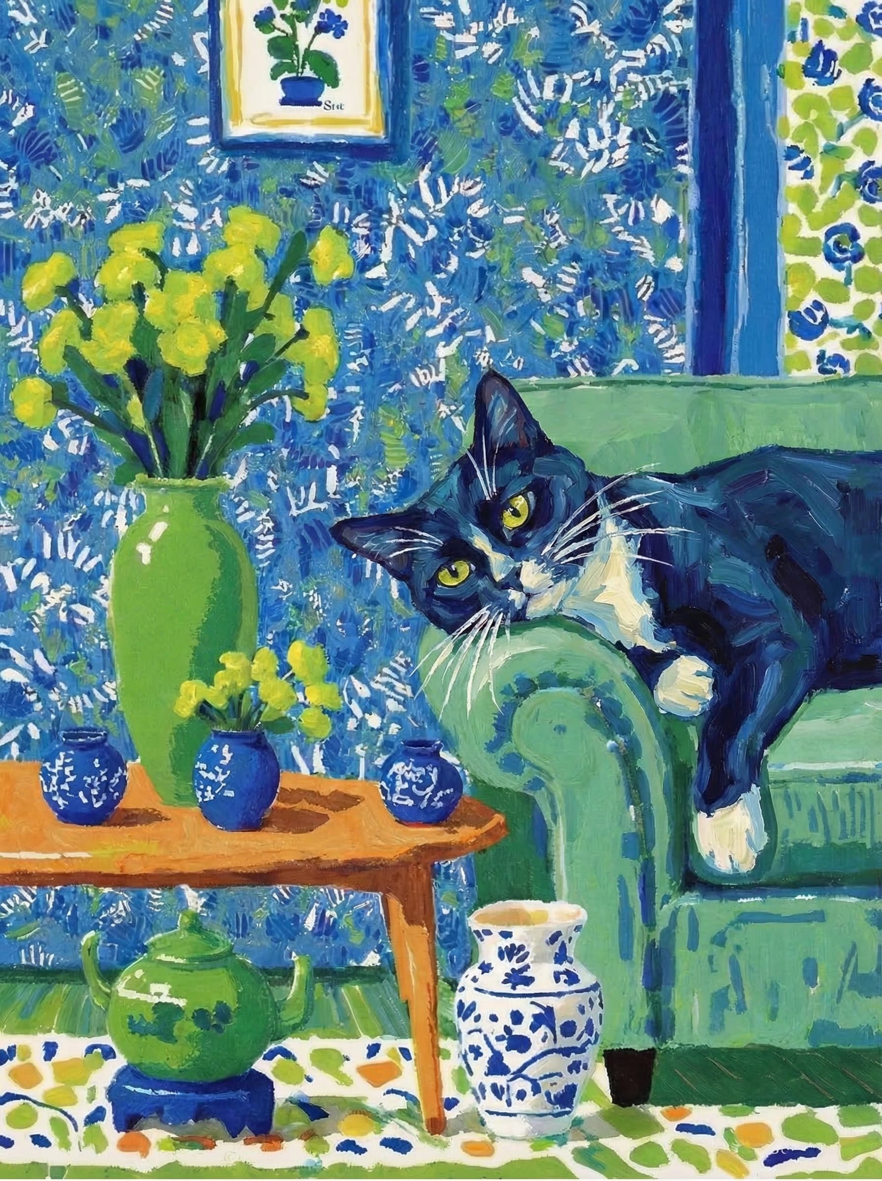 A pet lazy lying on the couch, with head tilt on the edge of couch, eye looking at the the vase. paint in post-impressionism style. Use saturated, non-naturalistic colors and flattened perspective reminiscent of Henri Matisse. painterly and expressive, utilizing thick, confident strokes and quick, rhythmic marks that prioritize texture and visual energy over realistic blending or depth.