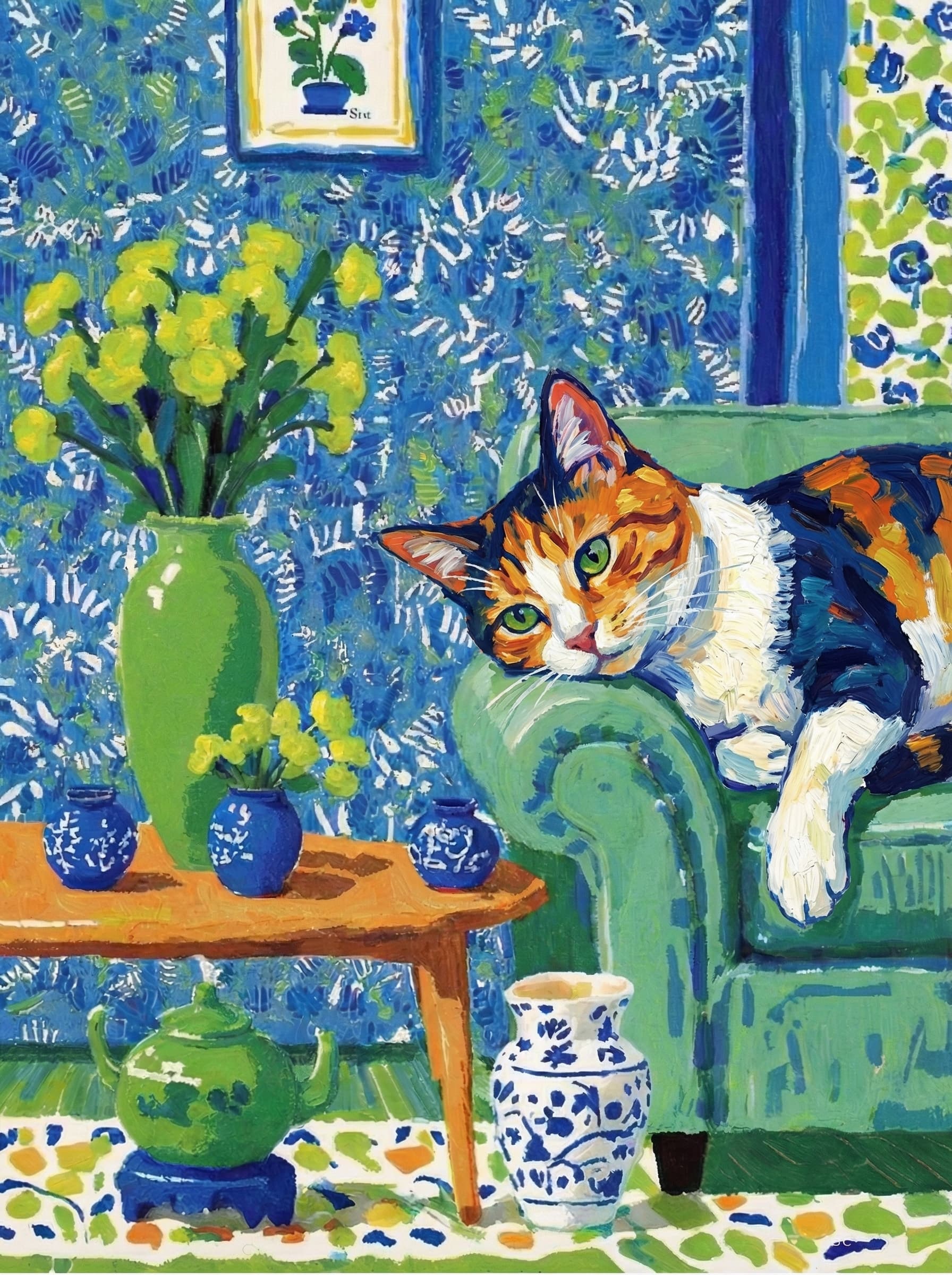 A pet lazy lying on the couch, with head tilt on the edge of couch, eye looking at the the vase. paint in post-impressionism style. Use saturated, non-naturalistic colors and flattened perspective reminiscent of Henri Matisse. painterly and expressive, utilizing thick, confident strokes and quick, rhythmic marks that prioritize texture and visual energy over realistic blending or depth.