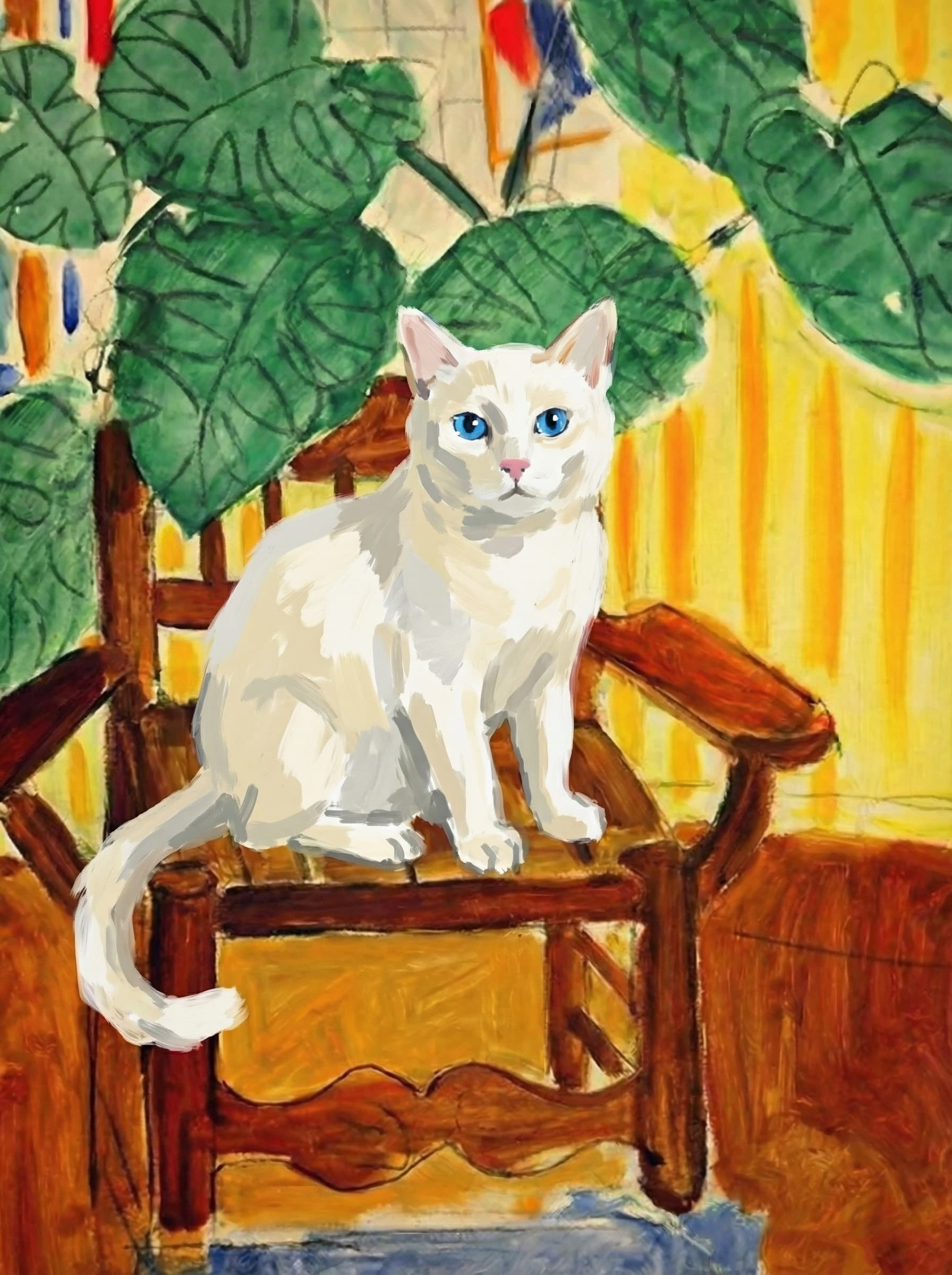 A pet sitting on a brown chair, looking at the viewer. Colors are applied with minimal blending, creating a flat, illustrative feel. The brushwork is broad, rapid, and direct. Strokes are loose, visible, applied thinly, defining the forms quickly without building up significant physical texture or impasto on the surface.
