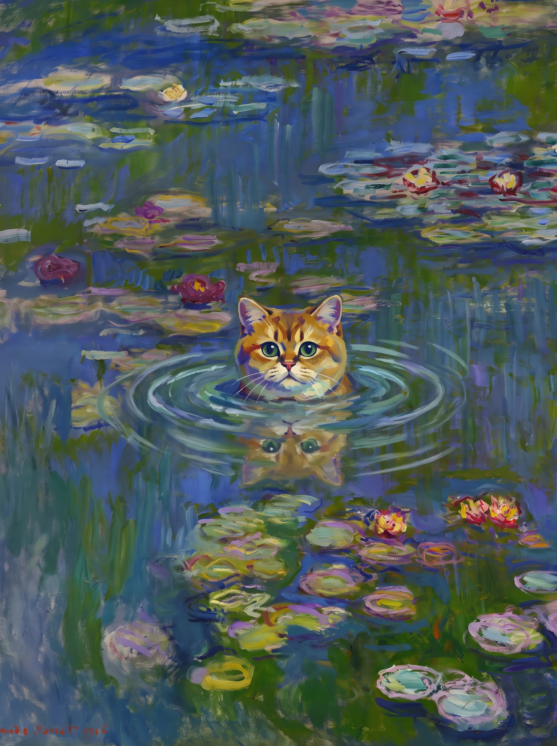 The pet should appear naturally integrated into the middle of the pond, swimming calmly through the water with only its head, upper neck, and a subtle suggestion of its back visible above the surface.
The pet should be facing forward and looking directly at the viewer. Its wet fur should be suggested through painterly strokes.
Blend the pet into the scene using Monet-like impressionist oil painting techniques: visible layered brushstrokes, soft broken color, blue-green reflections, violet shadows, golden-orange highlights, and shimmering ripples around the pet.
The water should partially obscure the pet’s body, with delicate circular ripples spreading outward. Nearby lily pads and water lilies should remain undisturbed but subtly interact with the ripples.
The pet must feel like it was originally painted into the artwork, not pasted on top. Match the atmospheric softness, painterly texture, scale, perspective, and color harmony of the original Water Lilies painting.
Avoid photorealism, sharp outlines, modern digital effects, or excessive detail. The final image should look like a whimsical impressionist oil painting in the spirit of late Monet, with the pet quietly swimming among the lily pads at the center of the pond.
Art Style: Paint in Fauvism, post-impressionism style. Use simplified shapes, exaggerates color, and flattens perspective to create charm and personality.
Use saturated, non-naturalistic colors and flattened perspective reminiscent of Henri Matisse.
The brushwork is loose, visible, and painterly, with uneven strokes that give the surface texture and movement.
Paint with large areas of flat color patches, simplified shapes, bold decorative outlines, and minimal blending.
The composition is flattened and slightly distorted, with compressed perspective.
The painting is expressive, utilizing thick, confident strokes and quick, rhythmic marks that prioritize texture and visual energy over realistic blending or depth.