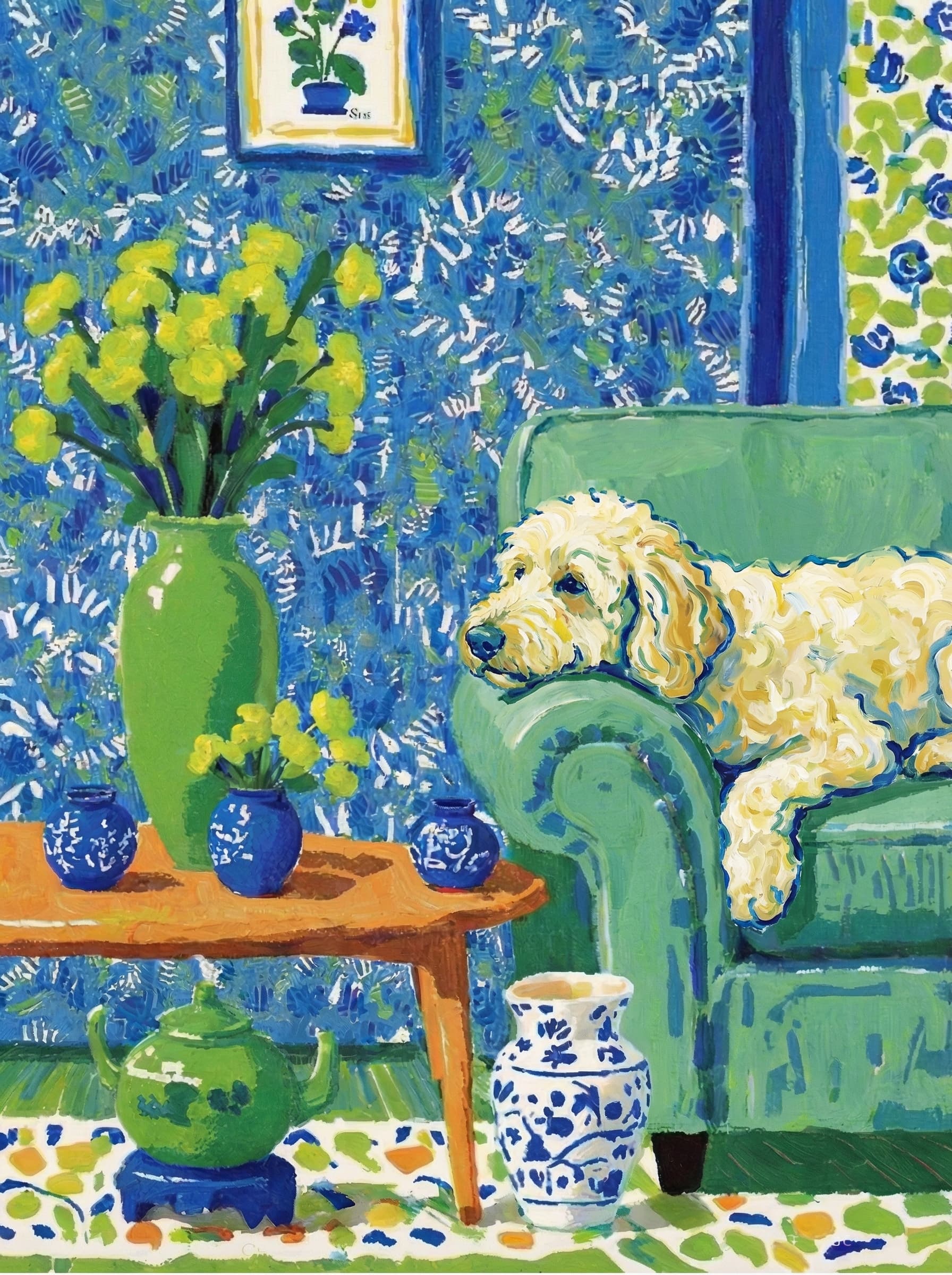 A pet lazy lying on the couch, with head tilt on the edge of couch, eye looking at the the vase. paint in post-impressionism style. Use saturated, non-naturalistic colors and flattened perspective reminiscent of Henri Matisse. painterly and expressive, utilizing thick, confident strokes and quick, rhythmic marks that prioritize texture and visual energy over realistic blending or depth.