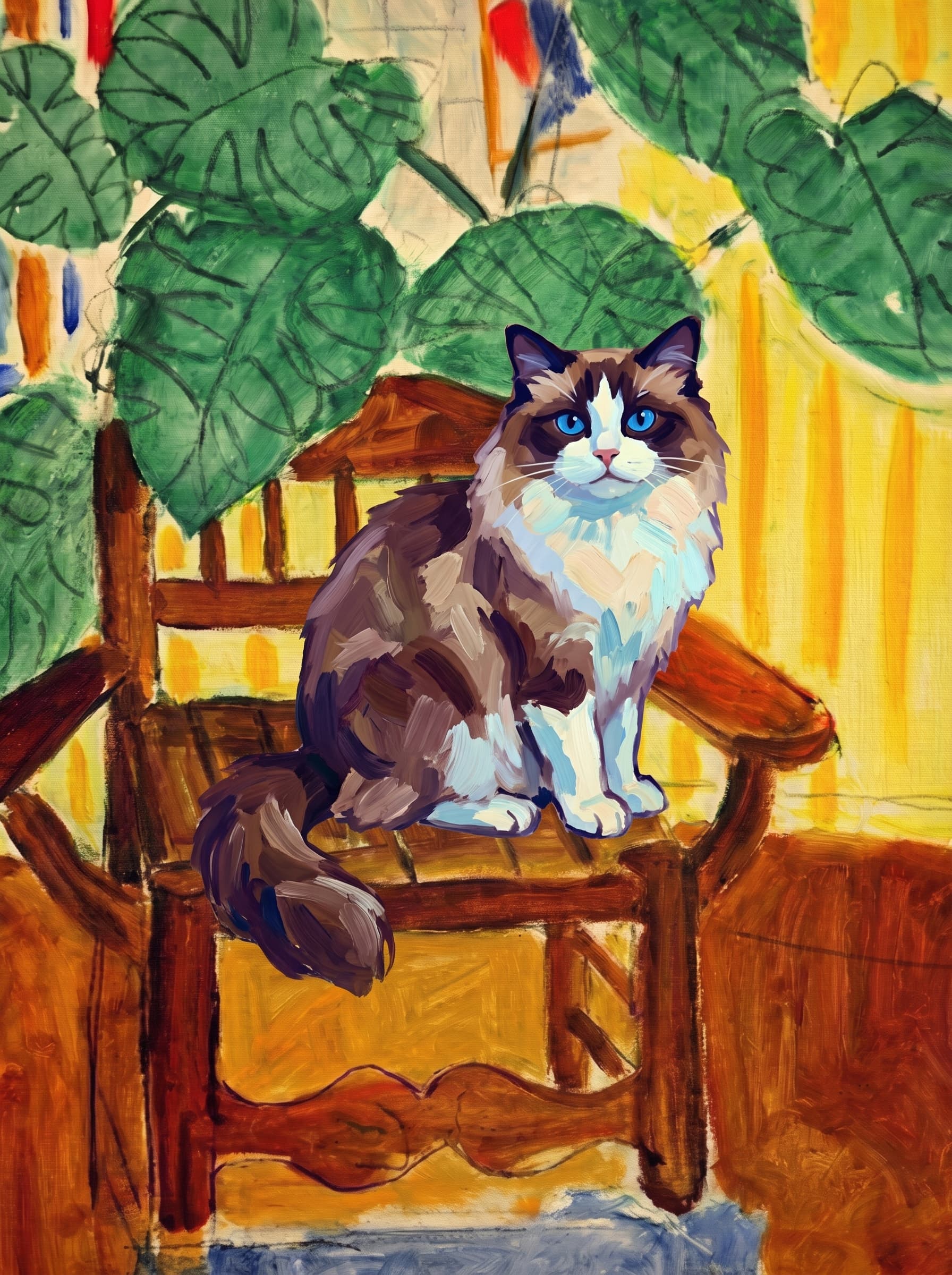 A pet sitting on a brown chair, looking at the viewer. Art Style: Paint in Fauvism, post-impressionism style. Use simplified shapes, exaggerates color, and flattens perspective to create charm and personality.
Use saturated, non-naturalistic colors and flattened perspective reminiscent of Henri Matisse.
The brushwork is loose, visible, and painterly, with uneven strokes that give the surface texture and movement.
Paint with large areas of flat color patches, simplified shapes, bold decorative outlines, and minimal blending.
The composition is flattened and slightly distorted, with compressed perspective.
The painting is expressive, utilizing thick, confident strokes and quick, rhythmic marks that prioritize texture and visual energy over realistic blending or depth.