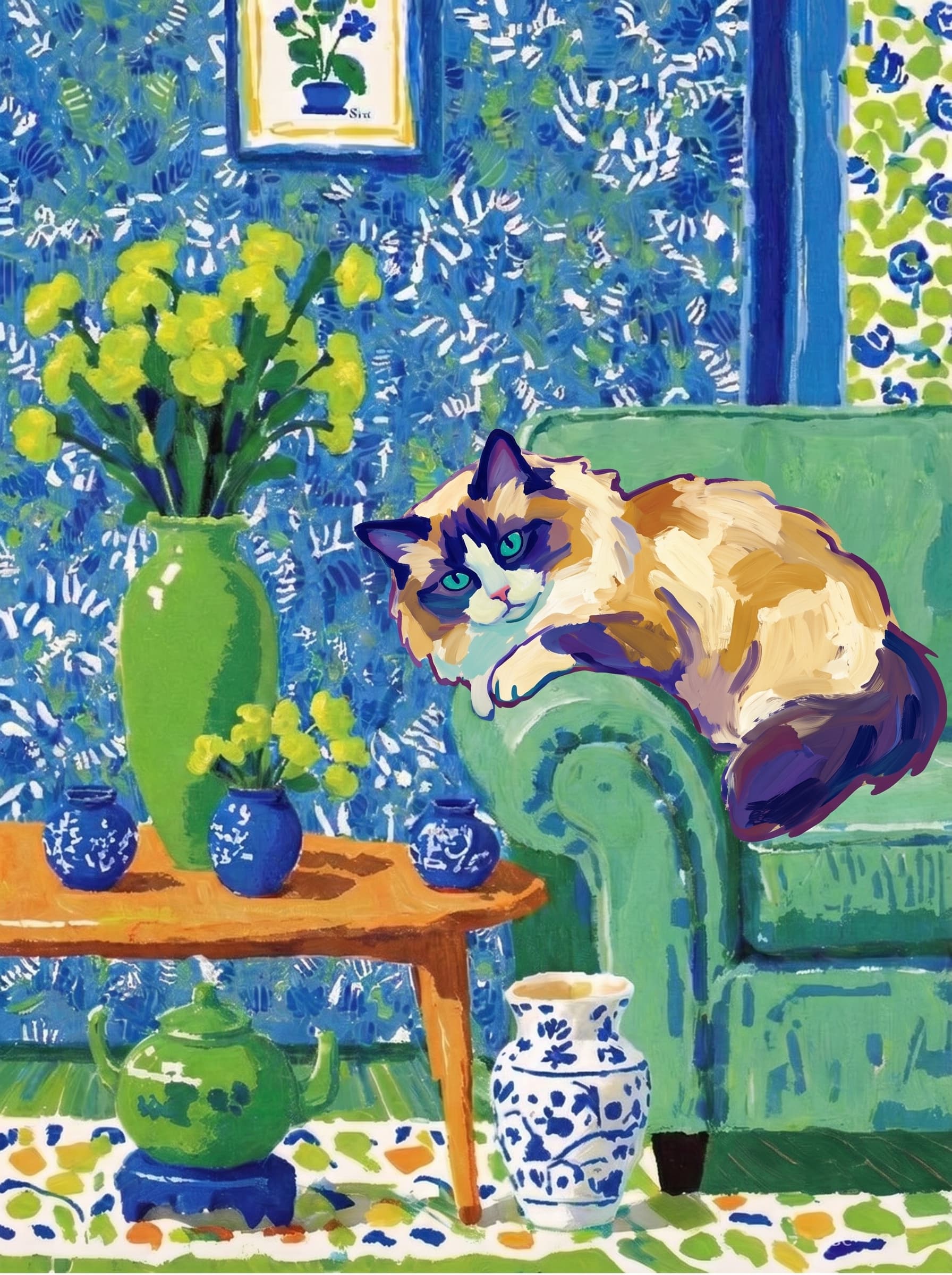 A pet lazy lying on the couch, with head tilt on the edge of couch, eye looking at the the vase. Art Style: Paint in Fauvism, post-impressionism style. Use simplified shapes, exaggerates color, and flattens perspective to create charm and personality.
Use saturated, non-naturalistic colors and flattened perspective reminiscent of Henri Matisse.
The brushwork is loose, visible, and painterly, with uneven strokes that give the surface texture and movement.
Paint with large areas of flat color patches, simplified shapes, bold decorative outlines, and minimal blending.
The composition is flattened and slightly distorted, with compressed perspective.
The painting is expressive, utilizing thick, confident strokes and quick, rhythmic marks that prioritize texture and visual energy over realistic blending or depth.