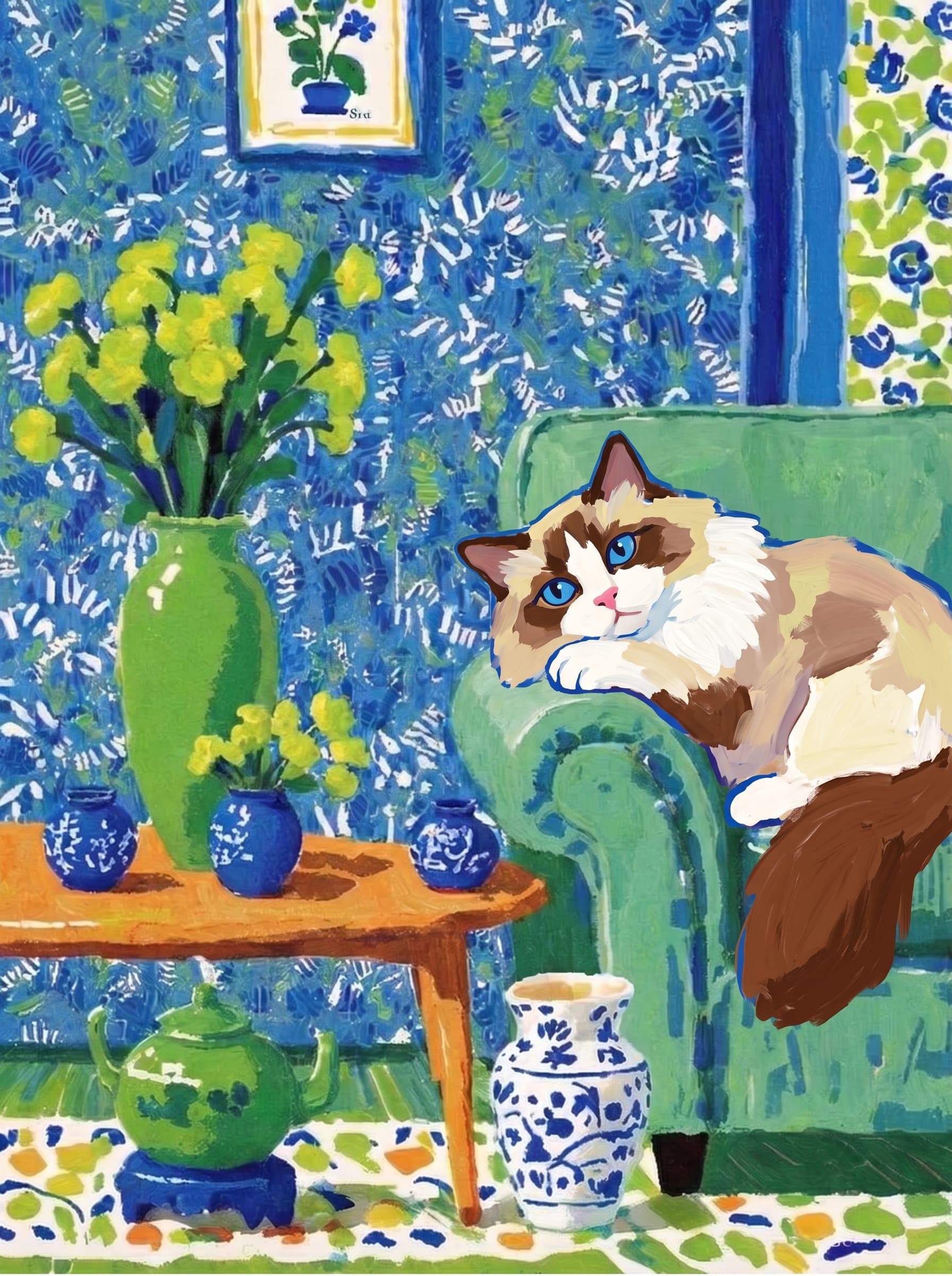 A pet lazy lying on the couch, with head tilt on the edge of couch, eye looking at the the vase. Art Style: Paint in Fauvism, post-impressionism style. Use simplified shapes, exaggerates color, and flattens perspective to create charm and personality.
Use saturated, non-naturalistic colors and flattened perspective reminiscent of Henri Matisse.
The brushwork is loose, visible, and painterly, with uneven strokes that give the surface texture and movement.
Paint with large areas of flat color patches, simplified shapes, bold decorative outlines, and minimal blending.
The composition is flattened and slightly distorted, with compressed perspective.
The painting is expressive, utilizing thick, confident strokes and quick, rhythmic marks that prioritize texture and visual energy over realistic blending or depth.
