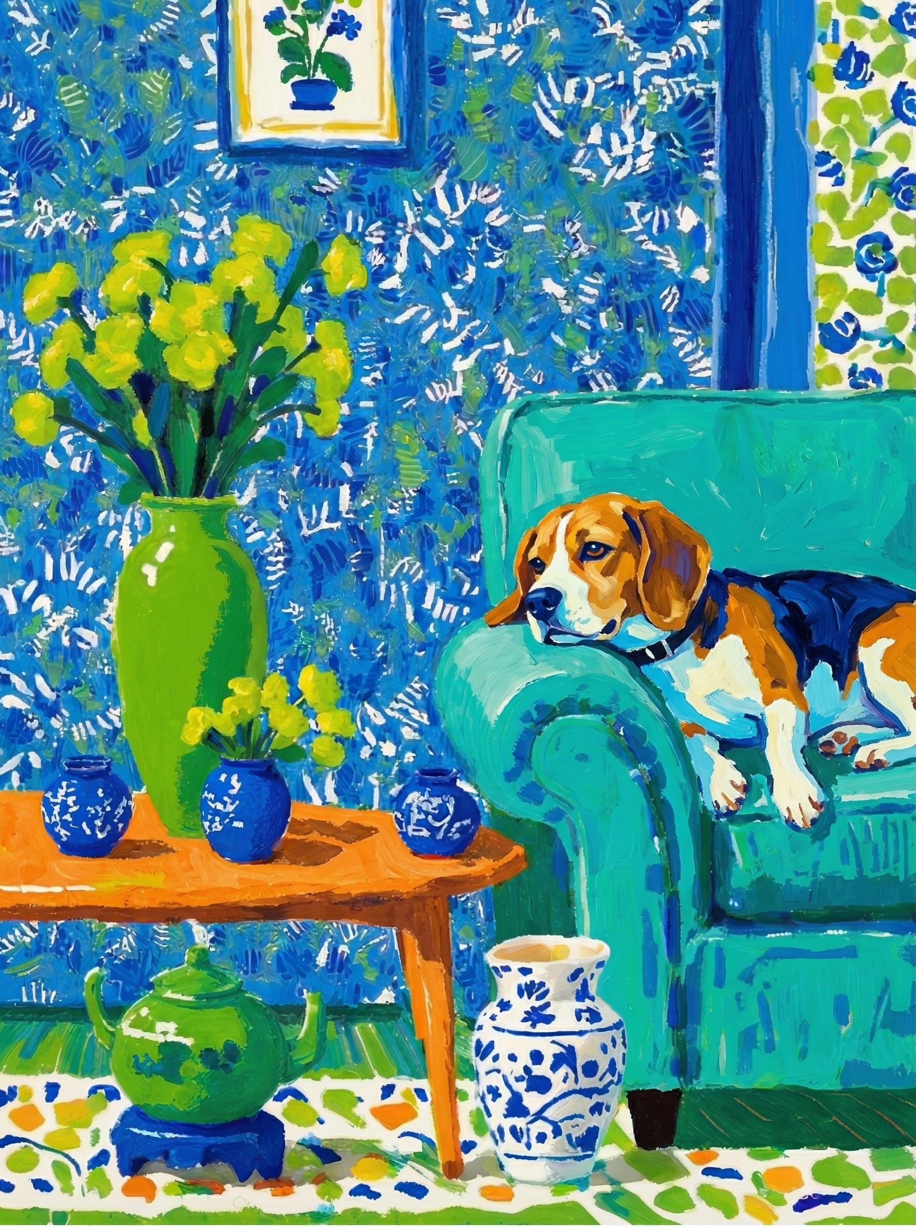 A pet lazy lying on the couch, with head tilt on the edge of couch, eye looking at the the vase. paint in post-impressionism style. Use saturated, non-naturalistic colors and flattened perspective reminiscent of Henri Matisse. painterly and expressive, utilizing thick, confident strokes and quick, rhythmic marks that prioritize texture and visual energy over realistic blending or depth.