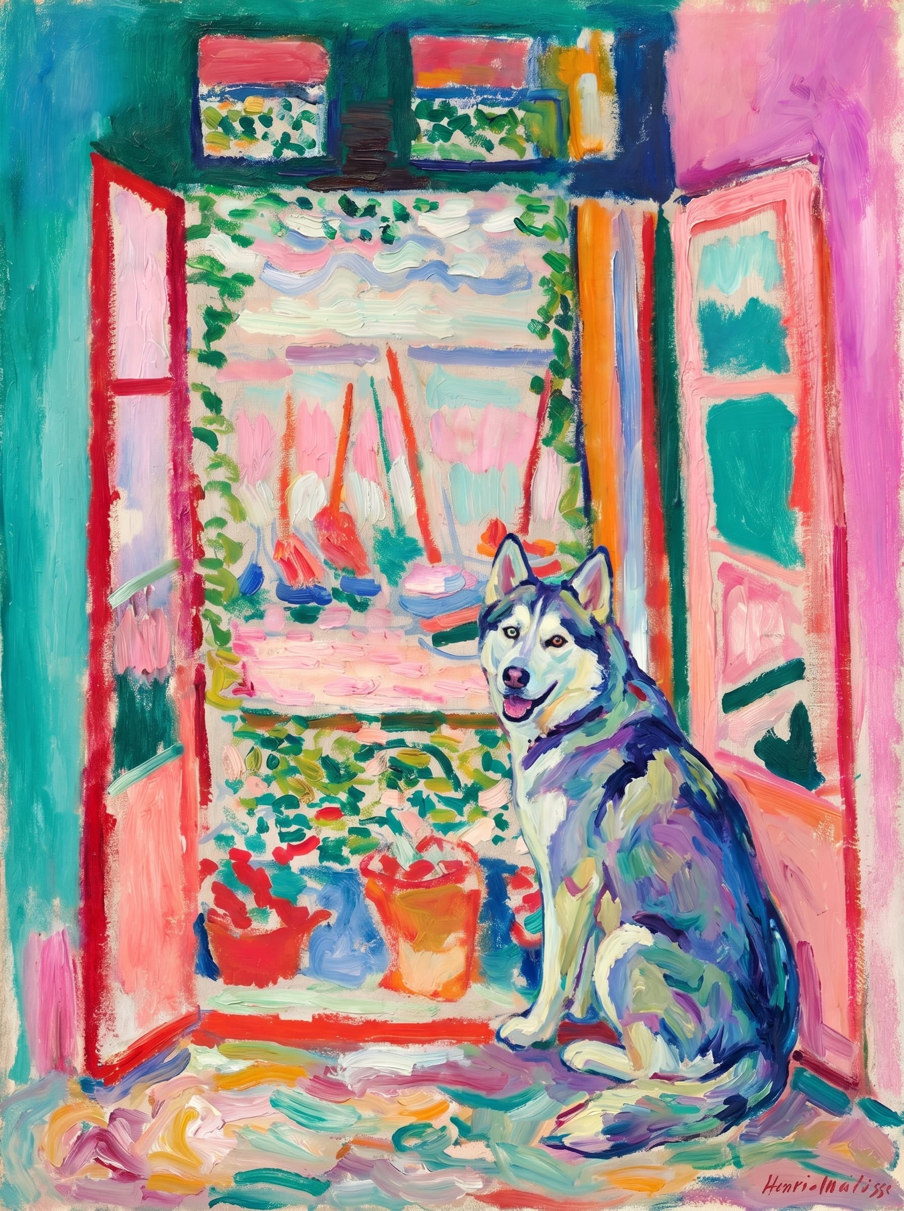 A pet sitting on the right bottom frame of an open door, with its back to the opening while facing the room, looking at the viewer, slight leaning on the right-side door panel. Paint in post-impressionism style. Use loosely painted, vibrantly colored, stylized, vertical painting.