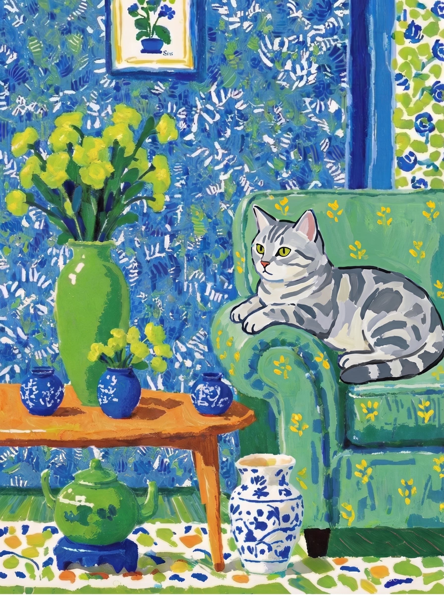 A pet lazy lying on the couch, with head tilt on the edge of couch, eye looking at the the vase. Art Style: Paint in Fauvism, post-impressionism style. Use simplified shapes, exaggerates color, and flattens perspective to create charm and personality.
Use saturated, non-naturalistic colors and flattened perspective reminiscent of Henri Matisse.
The brushwork is loose, visible, and painterly, with uneven strokes that give the surface texture and movement.
Paint with large areas of flat color patches, simplified shapes, bold decorative outlines, and minimal blending.
The composition is flattened and slightly distorted, with compressed perspective.
The painting is expressive, utilizing thick, confident strokes and quick, rhythmic marks that prioritize texture and visual energy over realistic blending or depth.