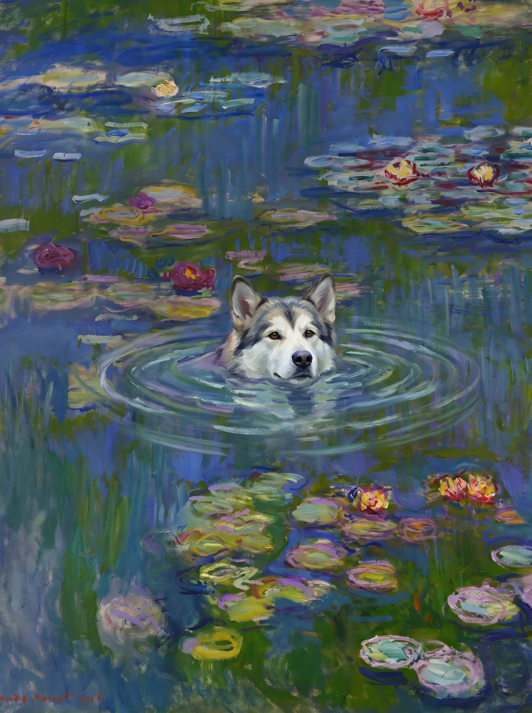 The pet should appear naturally integrated into the middle of the pond, swimming calmly through the water with only its head, upper neck, and a subtle suggestion of its back visible above the surface.
The pet should be facing forward and looking directly at the viewer. Its wet fur should be suggested through painterly strokes.
Blend the pet into the scene using Monet-like impressionist oil painting techniques: visible layered brushstrokes, soft broken color, blue-green reflections, violet shadows, golden-orange highlights, and shimmering ripples around the pet.
The water should partially obscure the pet’s body, with delicate circular ripples spreading outward. Nearby lily pads and water lilies should remain undisturbed but subtly interact with the ripples.
The pet must feel like it was originally painted into the artwork, not pasted on top. Match the atmospheric softness, painterly texture, scale, perspective, and color harmony of the original Water Lilies painting.
Avoid photorealism, sharp outlines, modern digital effects, or excessive detail. The final image should look like a whimsical impressionist oil painting in the spirit of late Monet, with the pet quietly swimming among the lily pads at the center of the pond.
Art Style: Paint in Fauvism, post-impressionism style. Use simplified shapes, exaggerates color, and flattens perspective to create charm and personality.
Use saturated, non-naturalistic colors and flattened perspective reminiscent of Henri Matisse.
The brushwork is loose, visible, and painterly, with uneven strokes that give the surface texture and movement.
Paint with large areas of flat color patches, simplified shapes, bold decorative outlines, and minimal blending.
The composition is flattened and slightly distorted, with compressed perspective.
The painting is expressive, utilizing thick, confident strokes and quick, rhythmic marks that prioritize texture and visual energy over realistic blending or depth.
