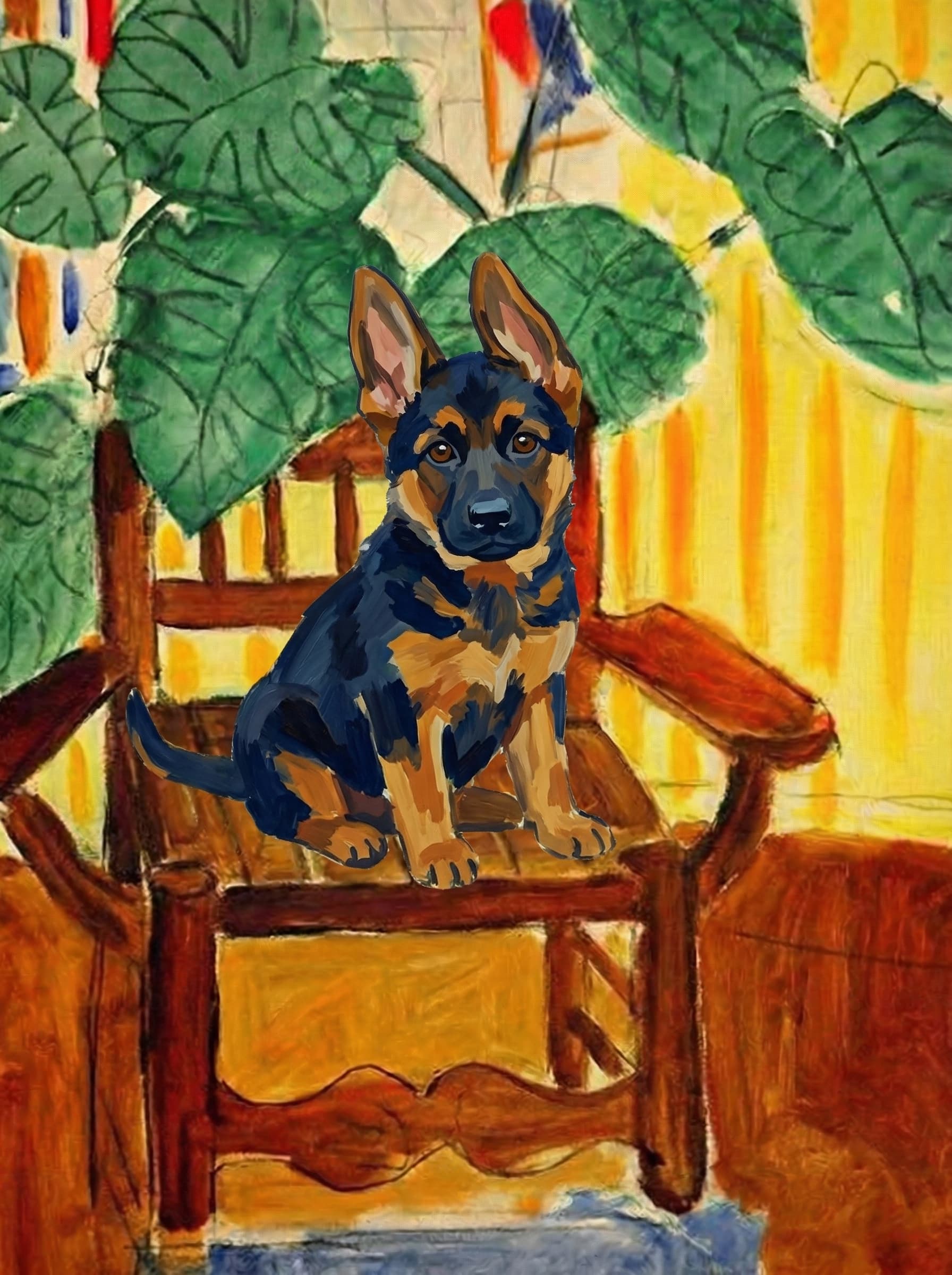 A pet sitting on a brown chair, looking at the viewer. Colors are applied with minimal blending, creating a flat, illustrative feel. The brushwork is broad, rapid, and direct. Strokes are loose, visible, applied thinly, defining the forms quickly without building up significant physical texture or impasto on the surface.
