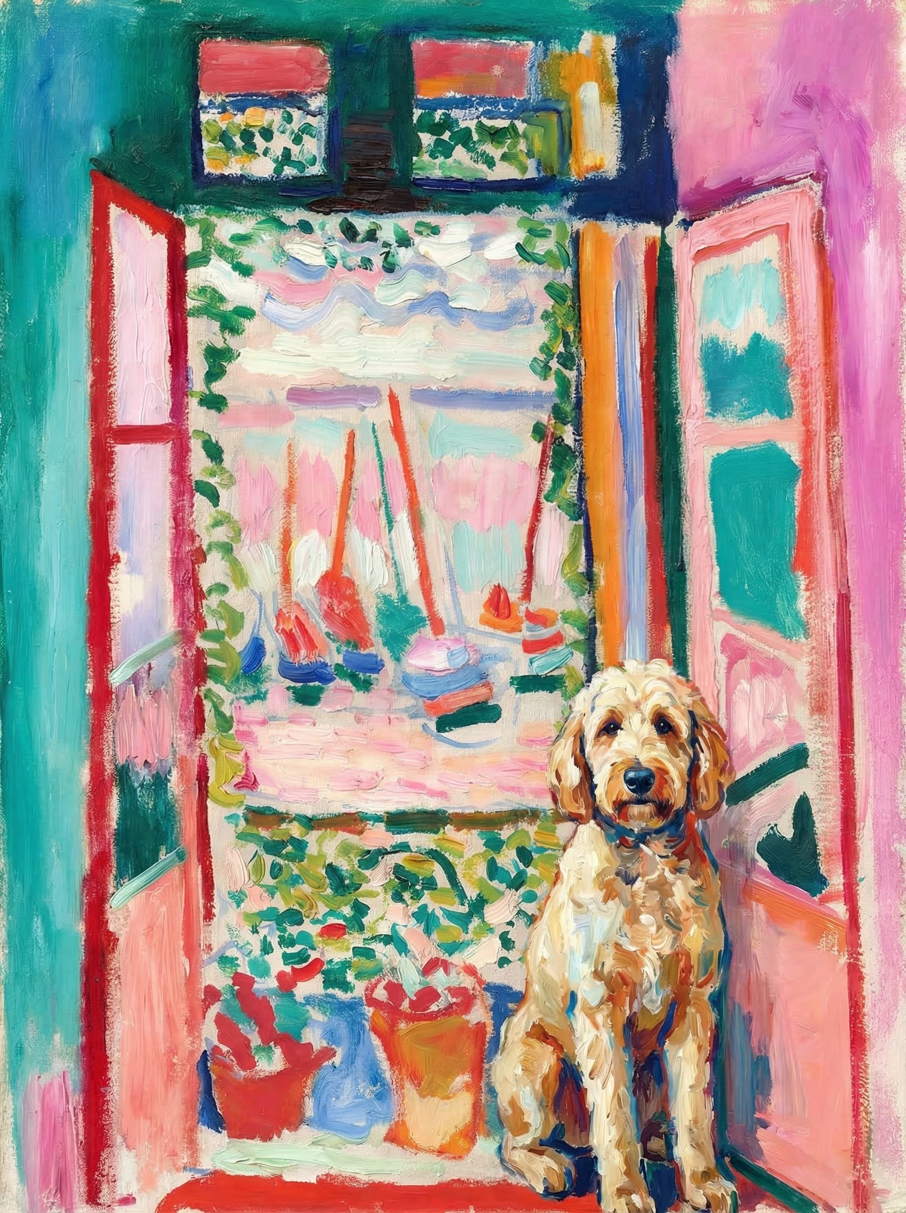 A pet sitting on the right bottom frame of an open door, with its back to the opening while facing the room, looking at the viewer, slight leaning on the right-side door panel. Paint in post-impressionism style. Use loosely painted, vibrantly colored, stylized, vertical painting.