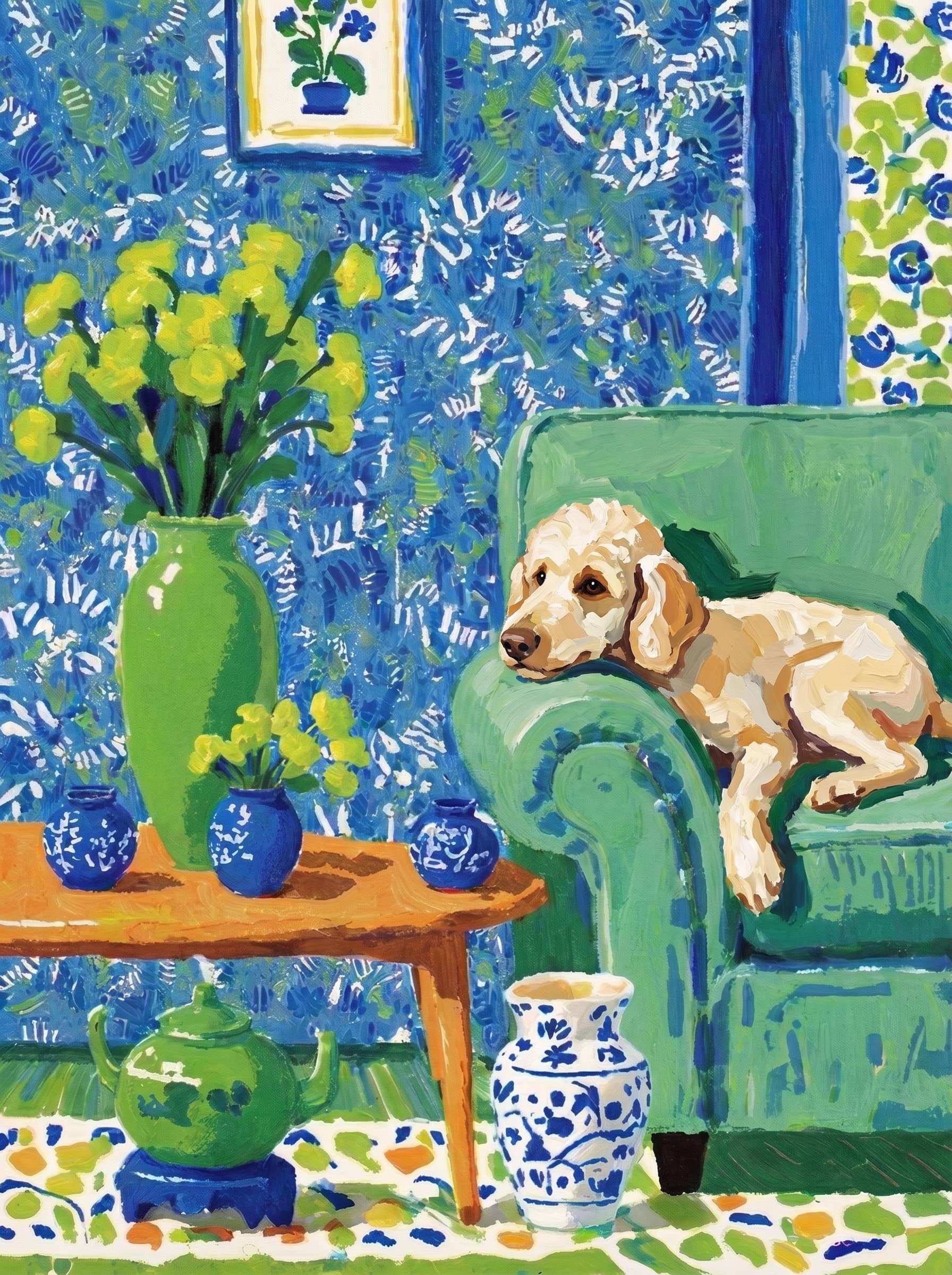 A pet lazy lying on the couch, with head tilt on the edge of couch, eye looking at the the vase. Art Style: Paint in Fauvism, post-impressionism style. Use simplified shapes, exaggerates color, and flattens perspective to create charm and personality.
Use saturated, non-naturalistic colors and flattened perspective reminiscent of Henri Matisse.
The brushwork is loose, visible, and painterly, with uneven strokes that give the surface texture and movement.
Paint with large areas of flat color patches, simplified shapes, bold decorative outlines, and minimal blending.
The composition is flattened and slightly distorted, with compressed perspective.
The painting is expressive, utilizing thick, confident strokes and quick, rhythmic marks that prioritize texture and visual energy over realistic blending or depth.