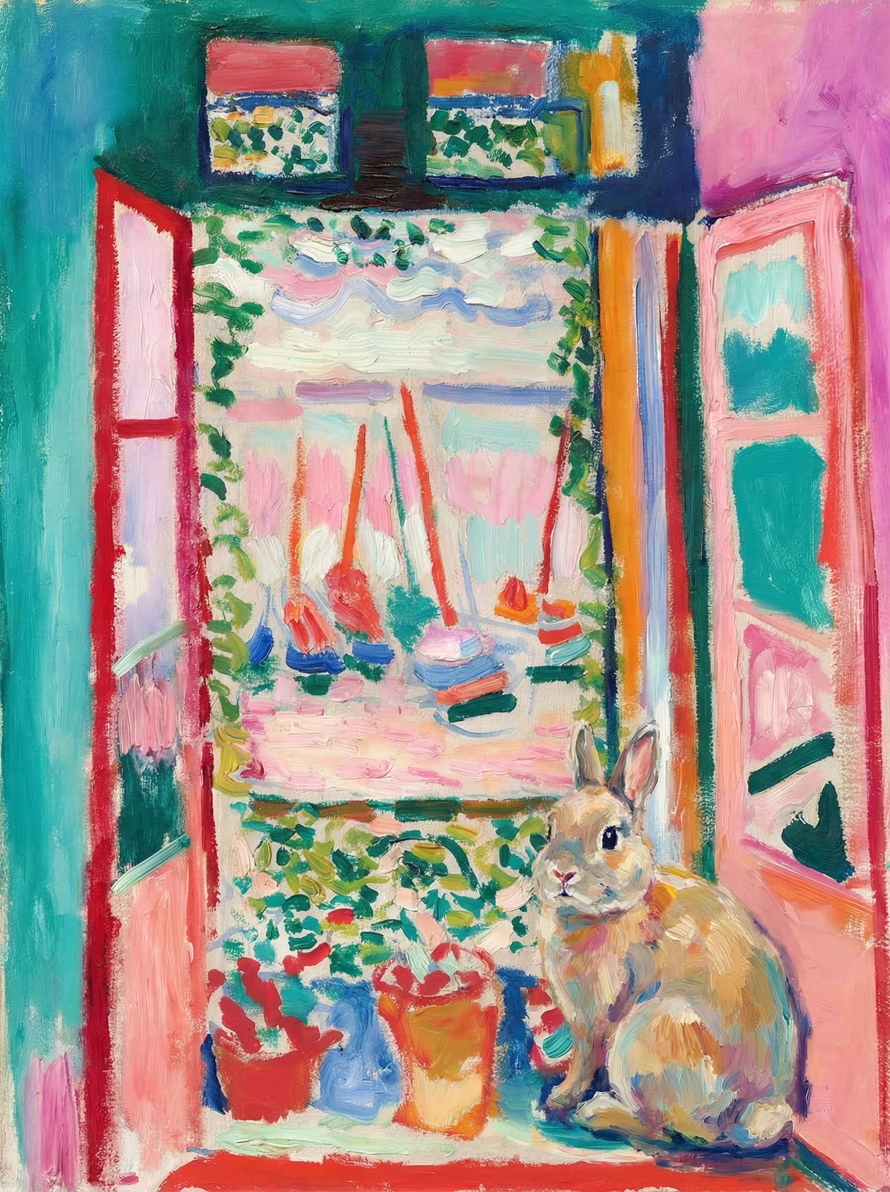 A pet sitting on the right bottom frame of an open door, with its back to the opening while facing the room, looking at the viewer, slight leaning on the right-side door panel. Paint in post-impressionism style. Use loosely painted, vibrantly colored, stylized, vertical painting.