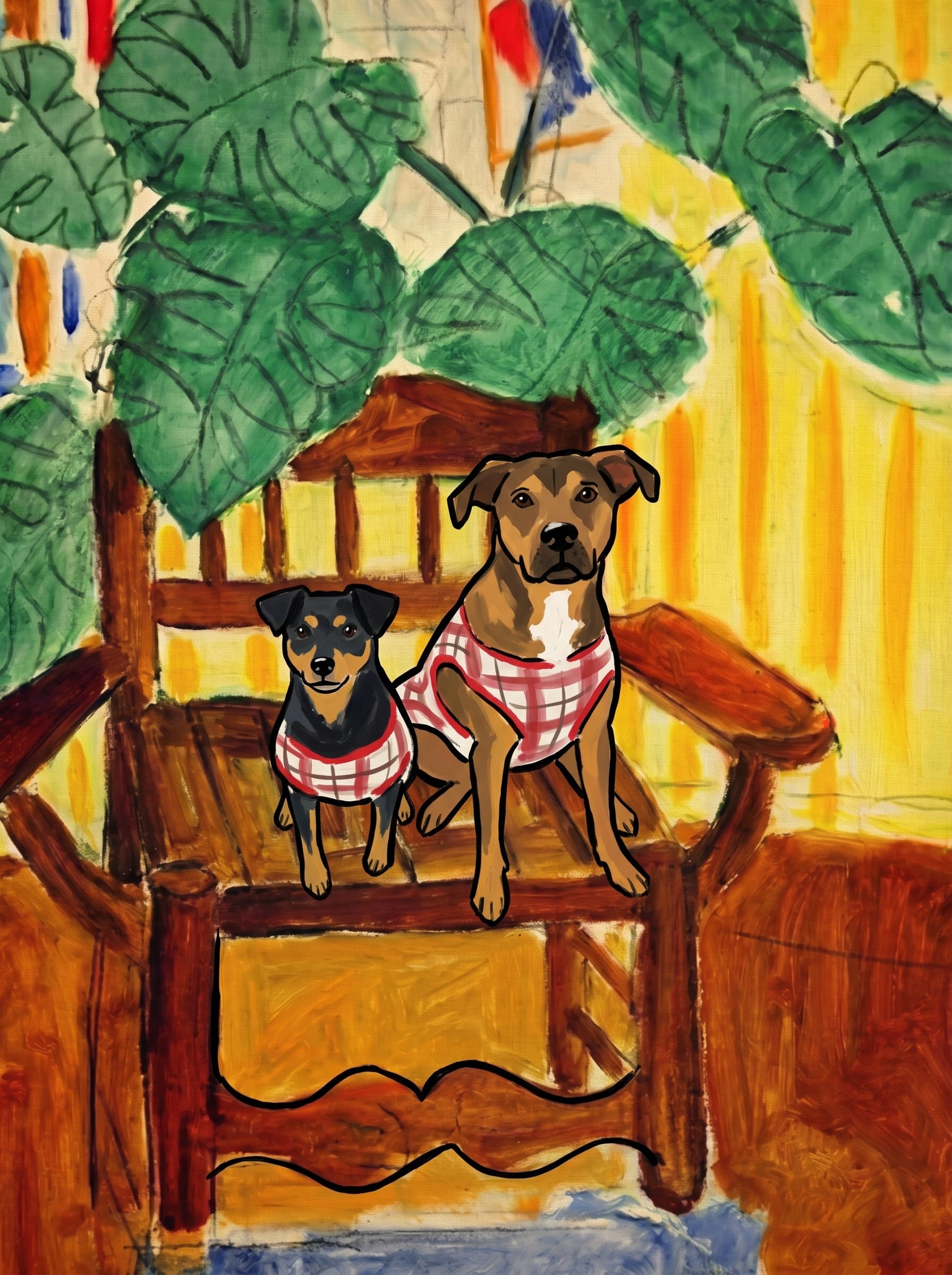 A pet sitting on a brown chair, looking at the viewer. Art Style: Paint in Fauvism, post-impressionism style. Use simplified shapes, exaggerates color, and flattens perspective to create charm and personality.
Use saturated, non-naturalistic colors and flattened perspective reminiscent of Henri Matisse.
The brushwork is loose, visible, and painterly, with uneven strokes that give the surface texture and movement.
Paint with large areas of flat color patches, simplified shapes, bold decorative outlines, and minimal blending.
The composition is flattened and slightly distorted, with compressed perspective.
The painting is expressive, utilizing thick, confident strokes and quick, rhythmic marks that prioritize texture and visual energy over realistic blending or depth.