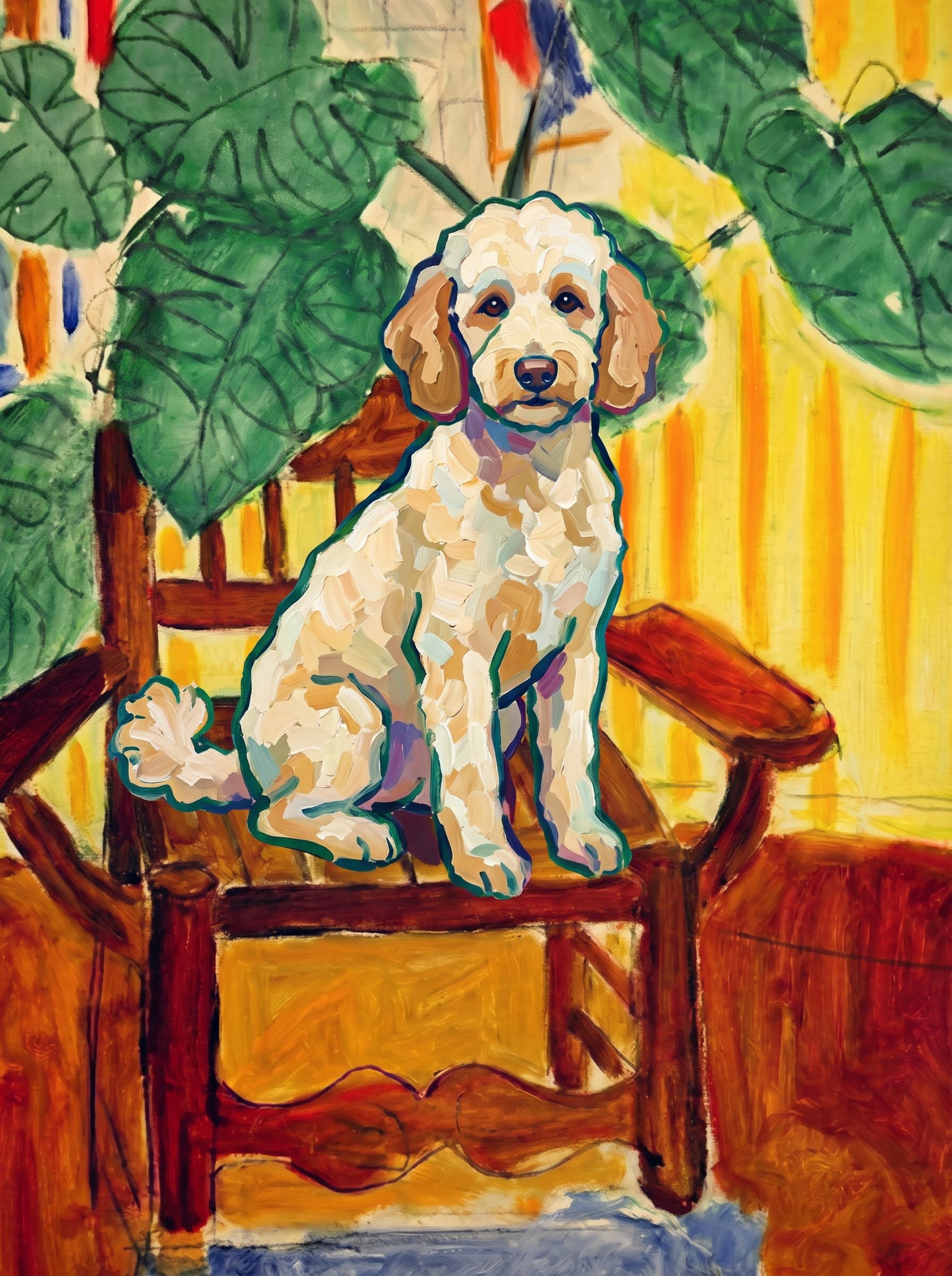 A pet sitting on a brown chair, looking at the viewer. Art Style: Paint in Fauvism, post-impressionism style. Use simplified shapes, exaggerates color, and flattens perspective to create charm and personality.
Use saturated, non-naturalistic colors and flattened perspective reminiscent of Henri Matisse.
The brushwork is loose, visible, and painterly, with uneven strokes that give the surface texture and movement.
Paint with large areas of flat color patches, simplified shapes, bold decorative outlines, and minimal blending.
The composition is flattened and slightly distorted, with compressed perspective.
The painting is expressive, utilizing thick, confident strokes and quick, rhythmic marks that prioritize texture and visual energy over realistic blending or depth.