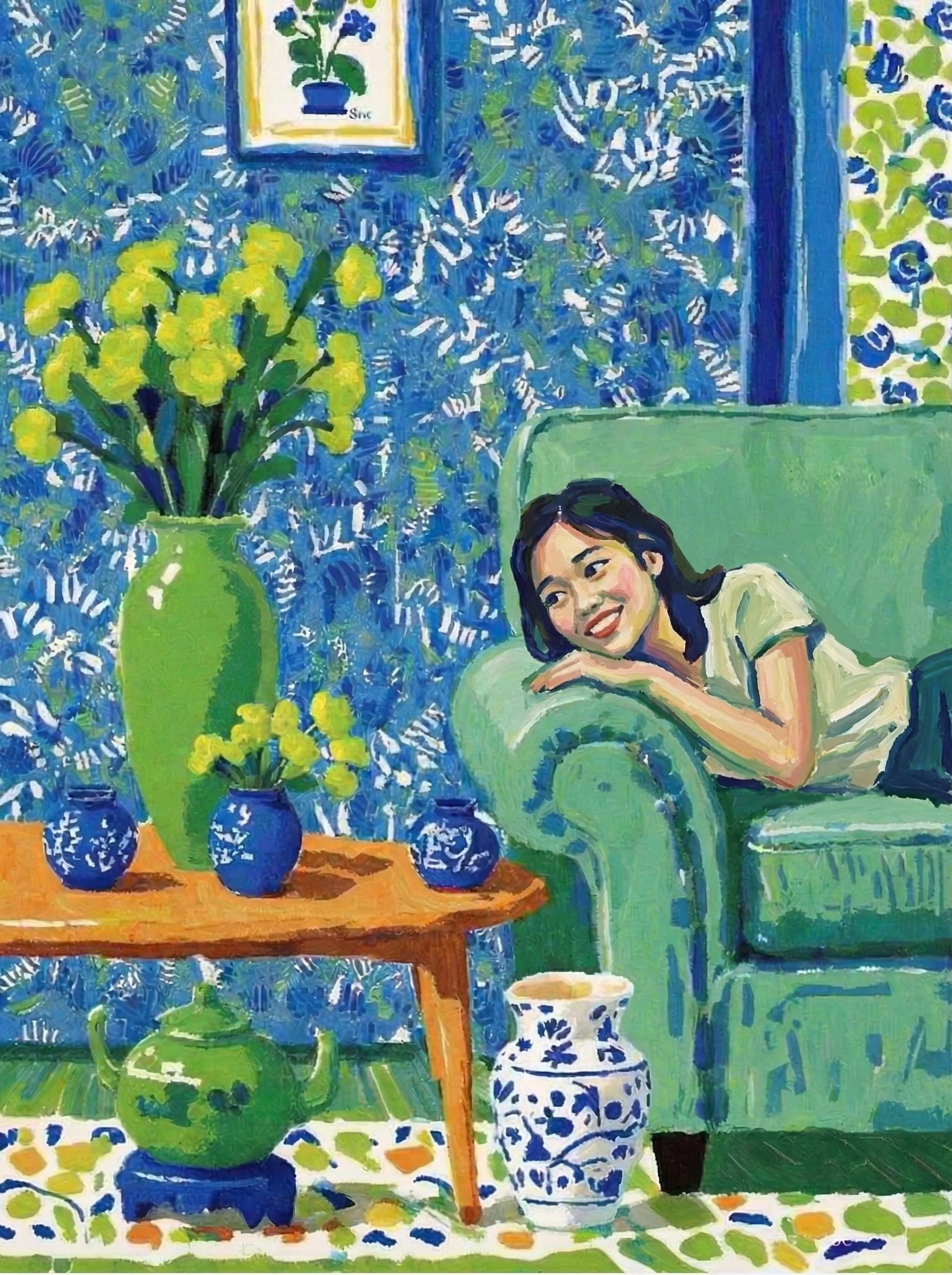 A pet lazy lying on the couch, with head tilt on the edge of couch, eye looking at the the vase. paint in post-impressionism style. Use saturated, non-naturalistic colors and flattened perspective reminiscent of Henri Matisse. painterly and expressive, utilizing thick, confident strokes and quick, rhythmic marks that prioritize texture and visual energy over realistic blending or depth.