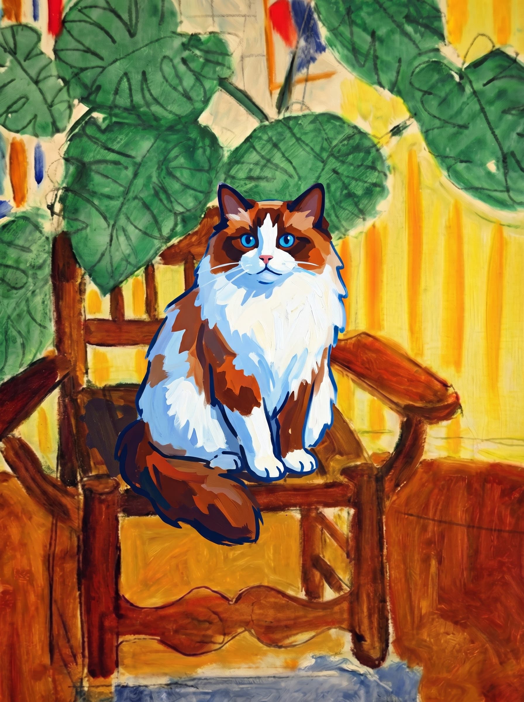 A pet sitting on a brown chair, looking at the viewer. Art Style: Paint in Fauvism, post-impressionism style. Use simplified shapes, exaggerates color, and flattens perspective to create charm and personality.
Use saturated, non-naturalistic colors and flattened perspective reminiscent of Henri Matisse.
The brushwork is loose, visible, and painterly, with uneven strokes that give the surface texture and movement.
Paint with large areas of flat color patches, simplified shapes, bold decorative outlines, and minimal blending.
The composition is flattened and slightly distorted, with compressed perspective.
The painting is expressive, utilizing thick, confident strokes and quick, rhythmic marks that prioritize texture and visual energy over realistic blending or depth.