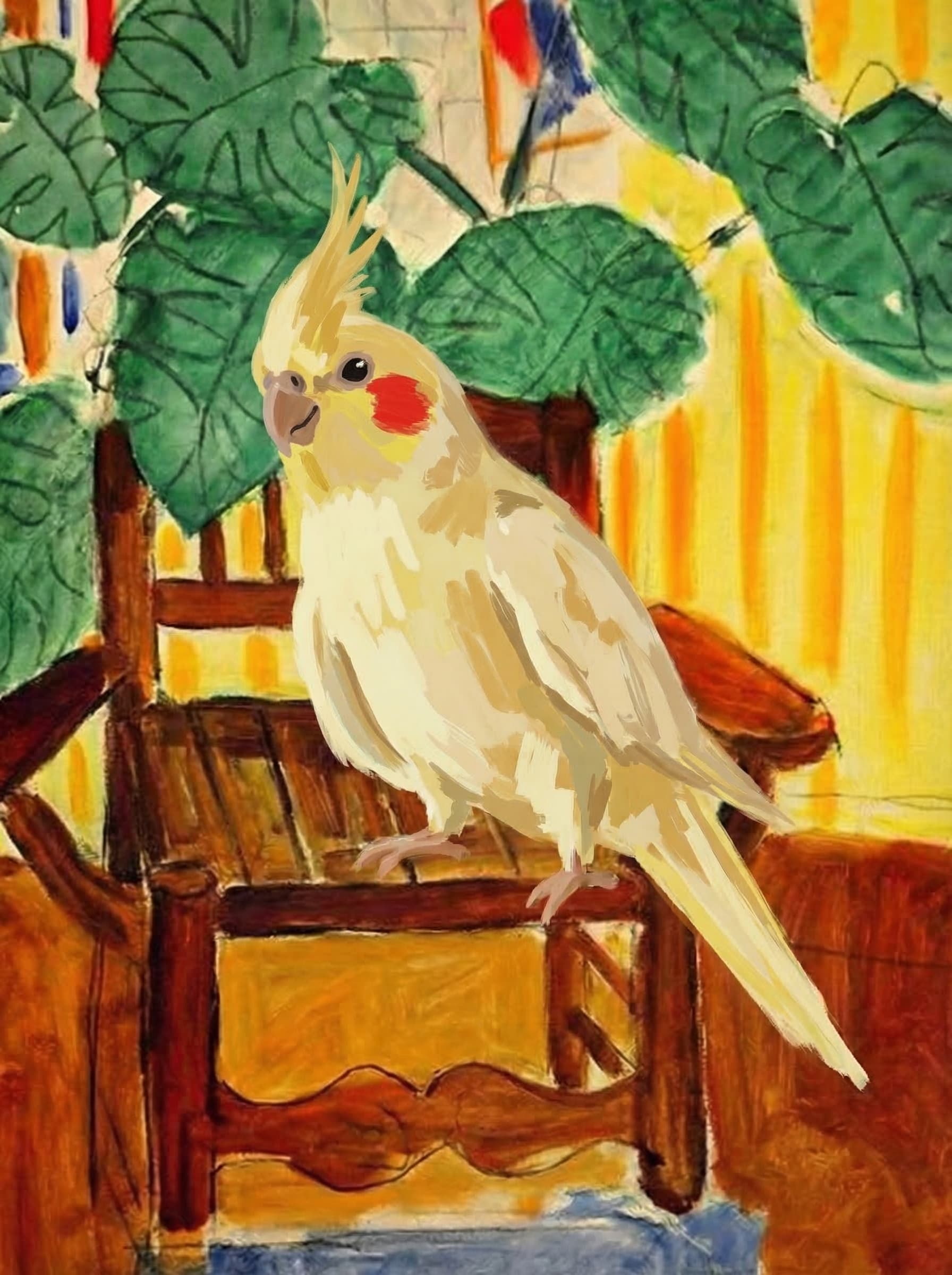 A pet sitting on a brown chair, looking at the viewer. Colors are applied with minimal blending, creating a flat, illustrative feel. The brushwork is broad, rapid, and direct. Strokes are loose, visible, applied thinly, defining the forms quickly without building up significant physical texture or impasto on the surface.