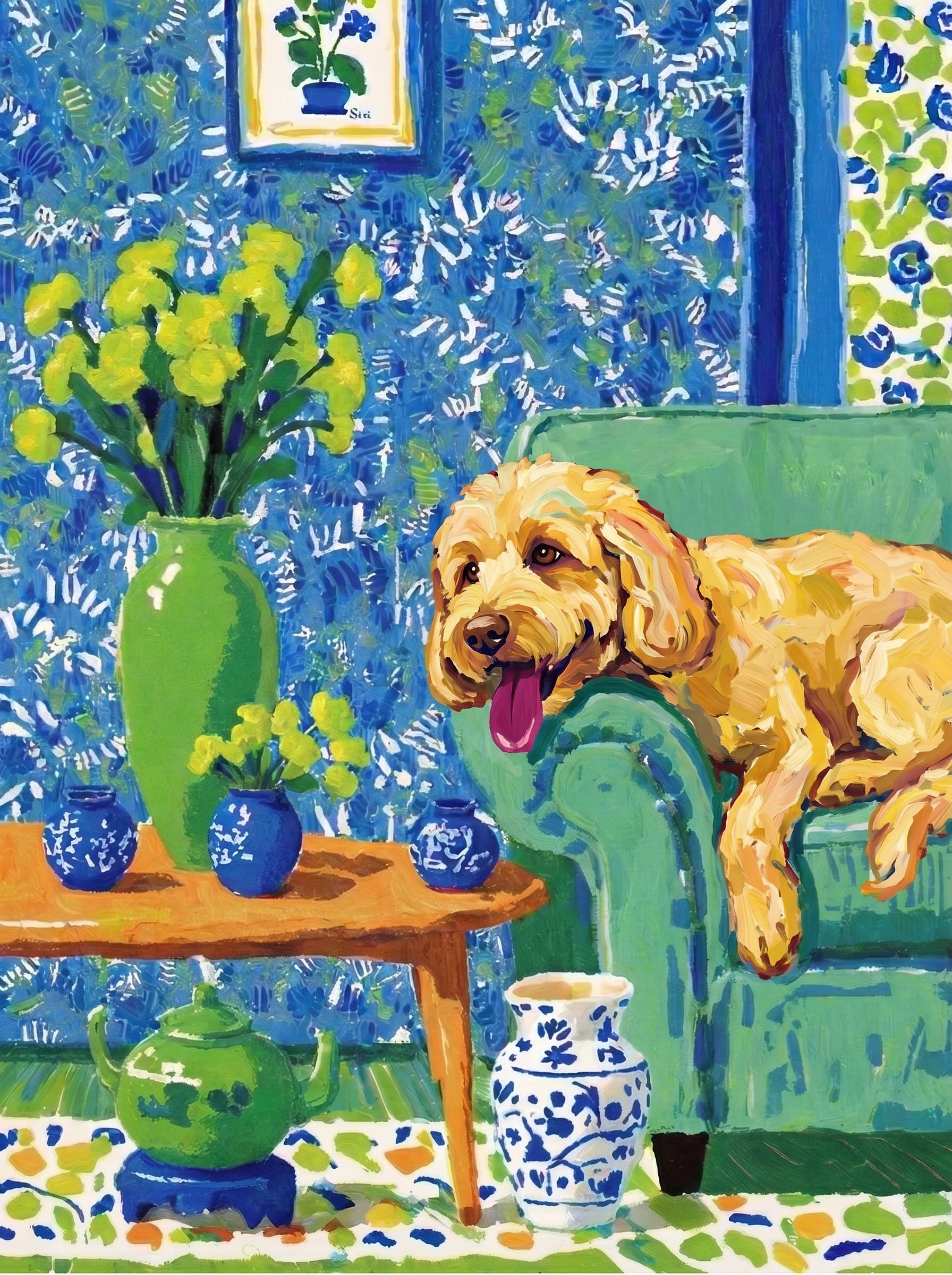 A pet lazy lying on the couch, with head tilt on the edge of couch, eye looking at the the vase. paint in post-impressionism style. Use saturated, non-naturalistic colors and flattened perspective reminiscent of Henri Matisse. painterly and expressive, utilizing thick, confident strokes and quick, rhythmic marks that prioritize texture and visual energy over realistic blending or depth.