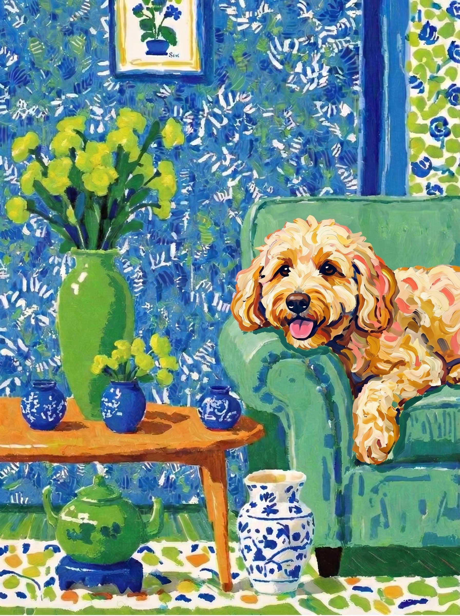 A pet lazy lying on the couch, with head tilt on the edge of couch, eye looking at the the vase. paint in post-impressionism style. Use saturated, non-naturalistic colors and flattened perspective reminiscent of Henri Matisse. painterly and expressive, utilizing thick, confident strokes and quick, rhythmic marks that prioritize texture and visual energy over realistic blending or depth.
