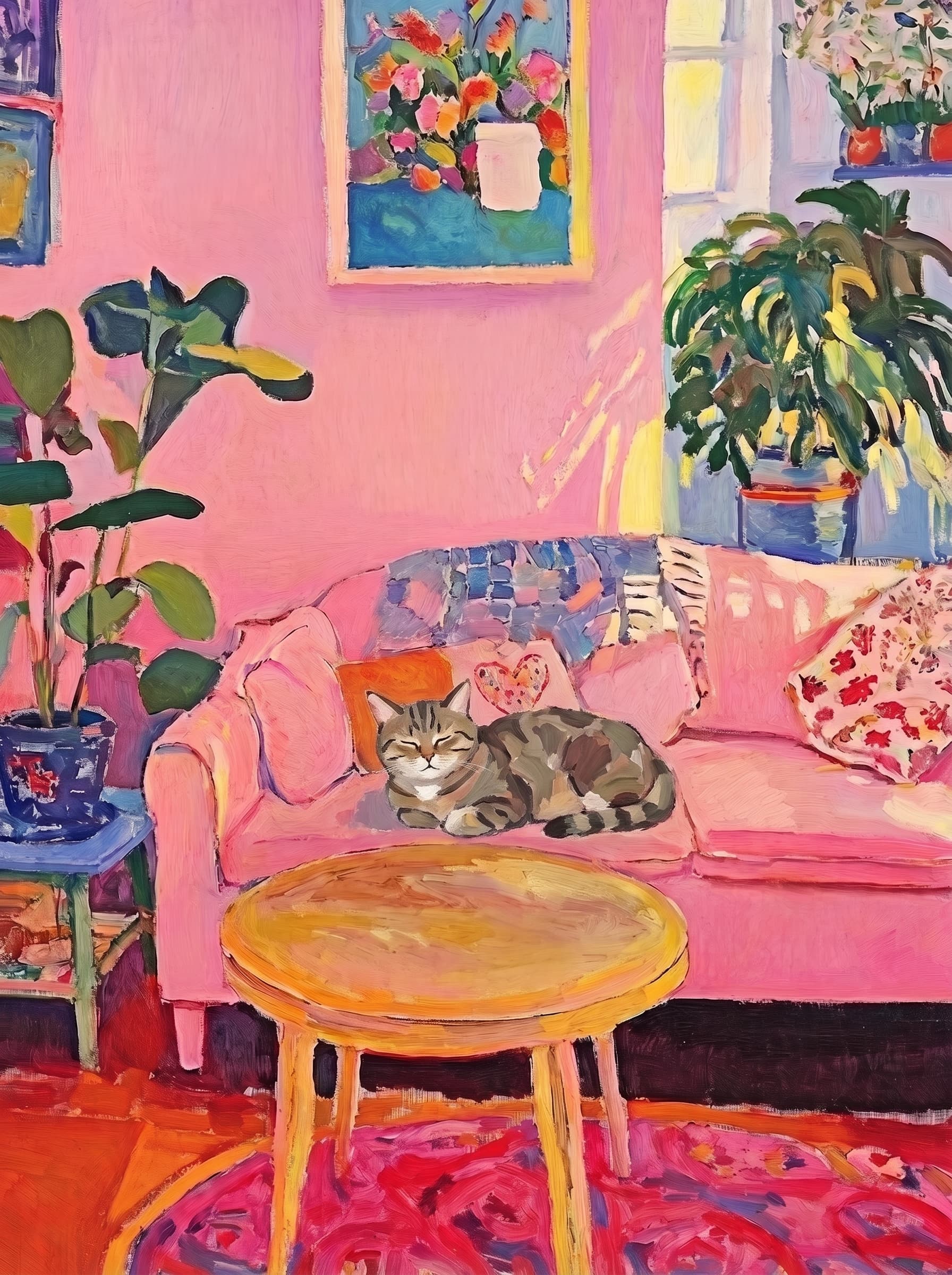 The painting shows a cozy, colorful interior with a warm pink wall and a large pink sofa in the foreground.
The pet is resting lazily on a bright pink velvet sofa. The pet’s looked completely relaxed and content.
The overall mood is cheerful and intimate, with bold outlines, visible brushstrokes, and slightly simplified forms.
Art Style: Paint in Fauvism, post-impressionism style. Use simplified shapes, exaggerates color, and flattens perspective to create charm and personality.
Use saturated, non-naturalistic colors and flattened perspective reminiscent of Henri Matisse.
The brushwork is loose, visible, and painterly, with uneven strokes that give the surface texture and movement.
Paint with large areas of flat color patches, simplified shapes, bold decorative outlines, and minimal blending.
The composition is flattened and slightly distorted, with compressed perspective.
The painting is expressive, utilizing thick, confident strokes and quick, rhythmic marks that prioritize texture and visual energy over realistic blending or depth.