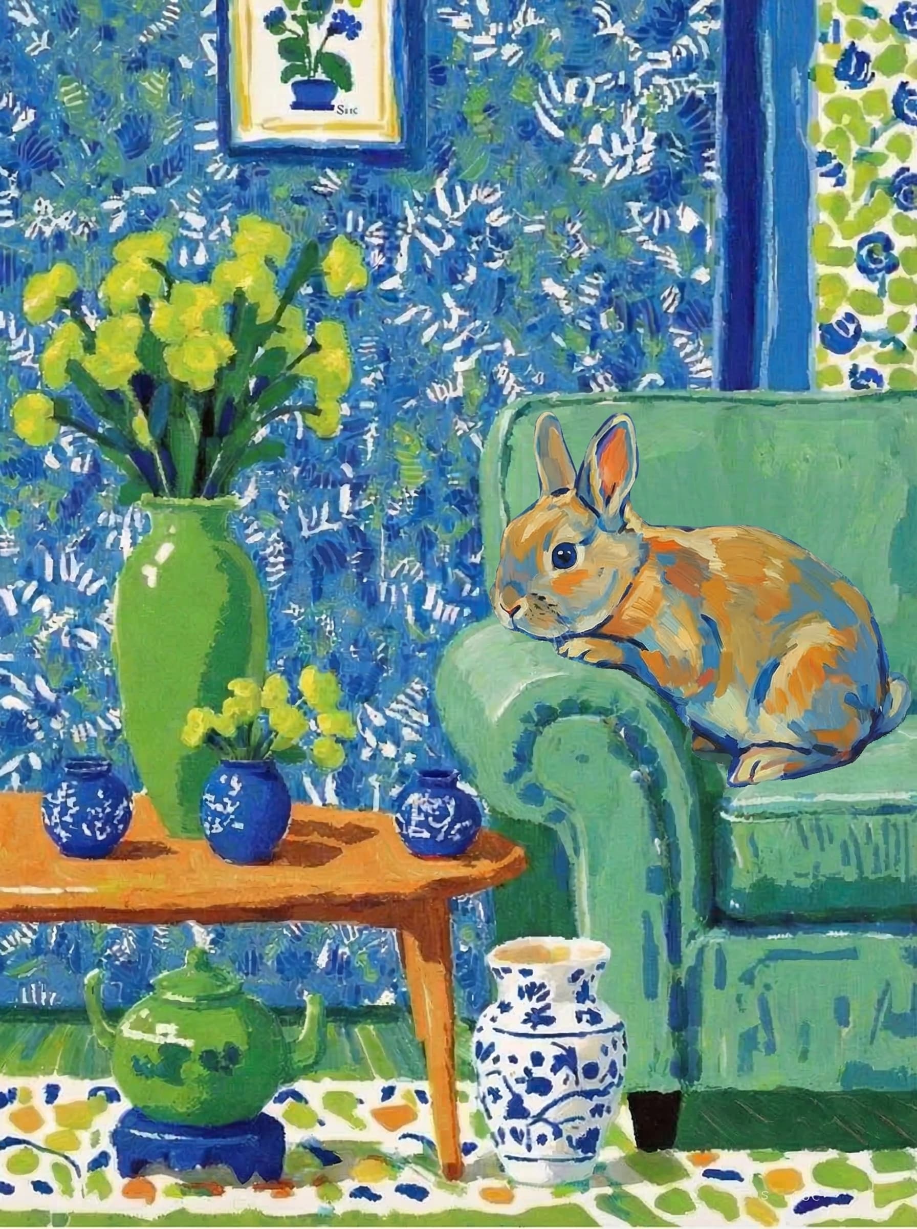A pet lazy lying on the couch, with head tilt on the edge of couch, eye looking at the the vase. paint in post-impressionism style. Use saturated, non-naturalistic colors and flattened perspective reminiscent of Henri Matisse. painterly and expressive, utilizing thick, confident strokes and quick, rhythmic marks that prioritize texture and visual energy over realistic blending or depth.