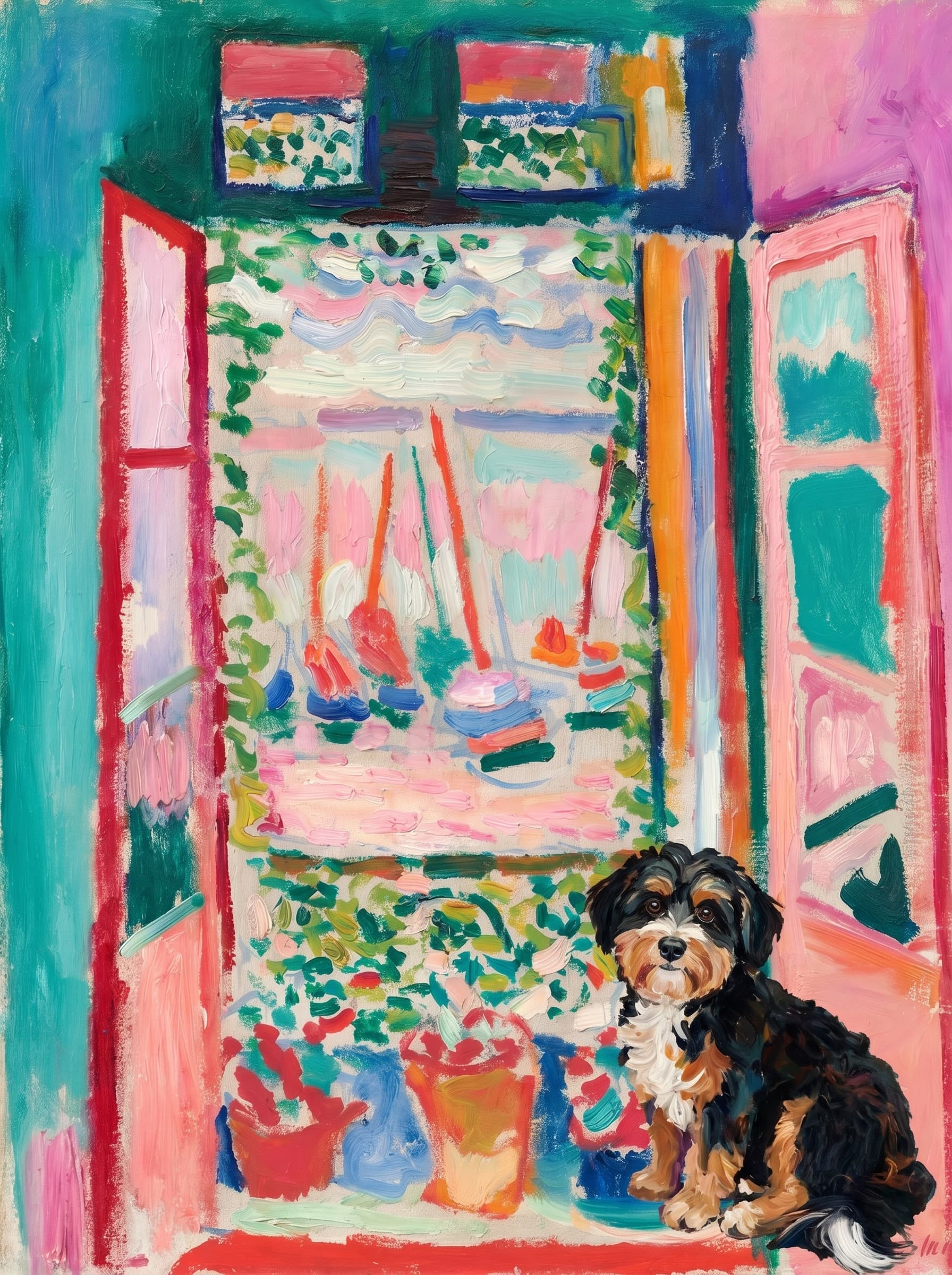 A pet sitting on the right bottom frame of an open door, with its back to the opening while facing the room, looking at the viewer, slight leaning on the right-side door panel. Paint in post-impressionism style. Use loosely painted, vibrantly colored, stylized, vertical painting.