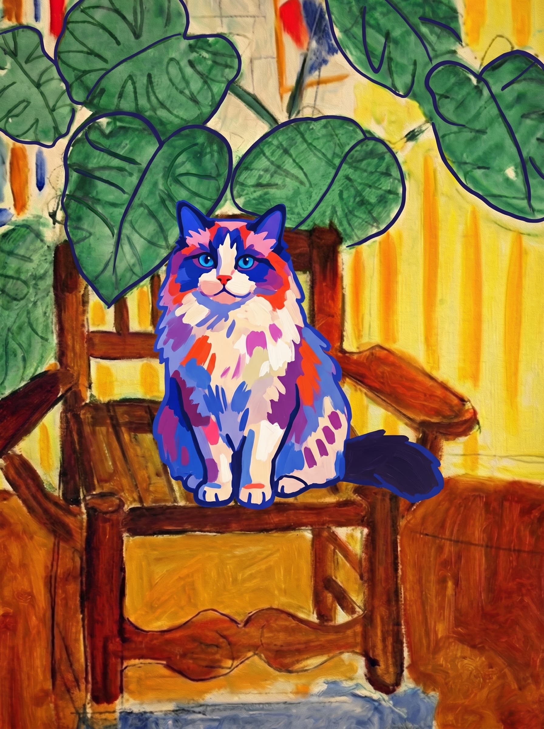 A pet sitting on a brown chair, looking at the viewer. Art Style: Paint in Fauvism, post-impressionism style. Use simplified shapes, exaggerates color, and flattens perspective to create charm and personality.
Use saturated, non-naturalistic colors and flattened perspective reminiscent of Henri Matisse.
The brushwork is loose, visible, and painterly, with uneven strokes that give the surface texture and movement.
Paint with large areas of flat color patches, simplified shapes, bold decorative outlines, and minimal blending.
The composition is flattened and slightly distorted, with compressed perspective.
The painting is expressive, utilizing thick, confident strokes and quick, rhythmic marks that prioritize texture and visual energy over realistic blending or depth.