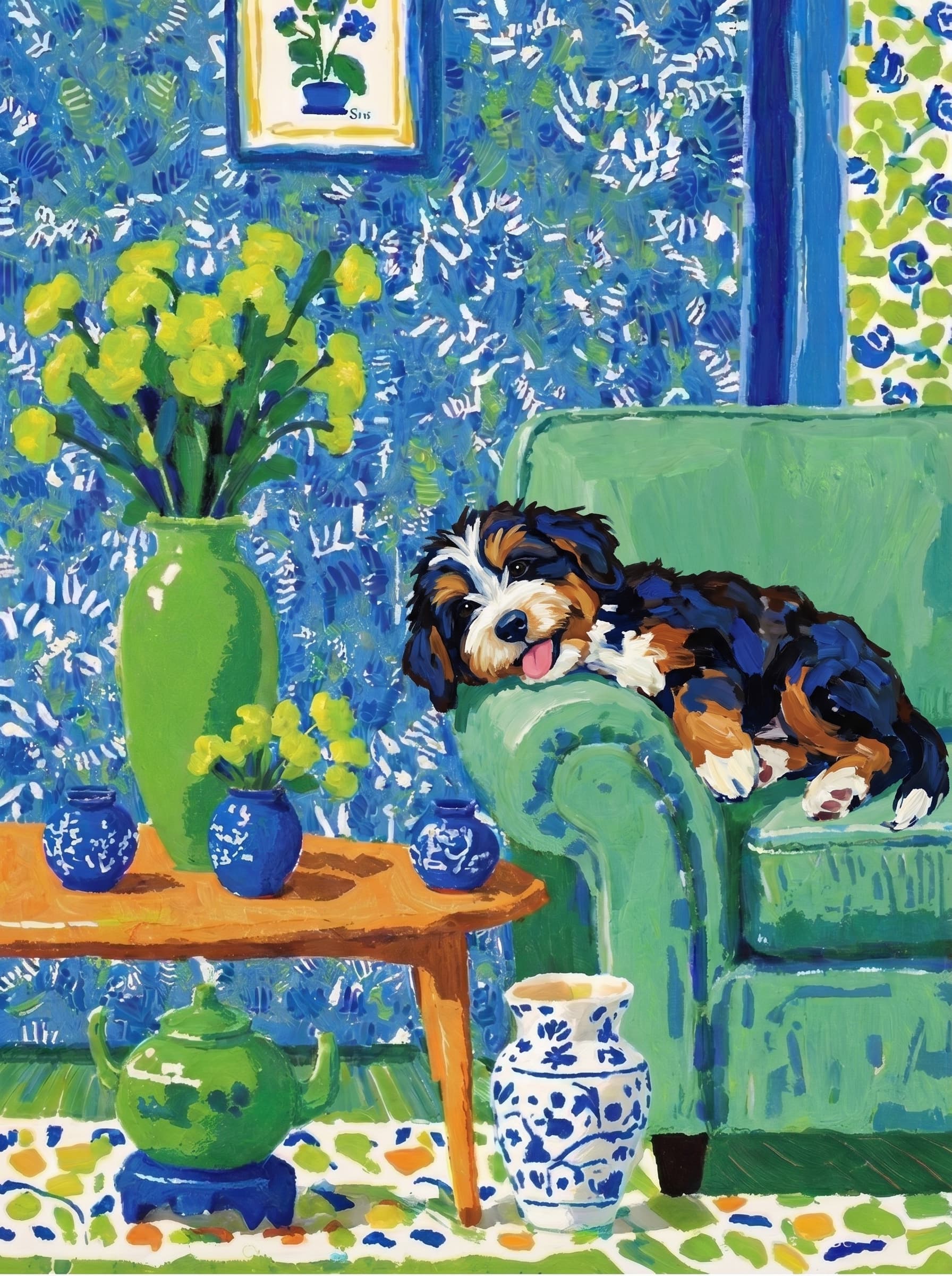 A pet lazy lying on the couch, with head tilt on the edge of couch, eye looking at the the vase. paint in post-impressionism style. Use saturated, non-naturalistic colors and flattened perspective reminiscent of Henri Matisse. painterly and expressive, utilizing thick, confident strokes and quick, rhythmic marks that prioritize texture and visual energy over realistic blending or depth.