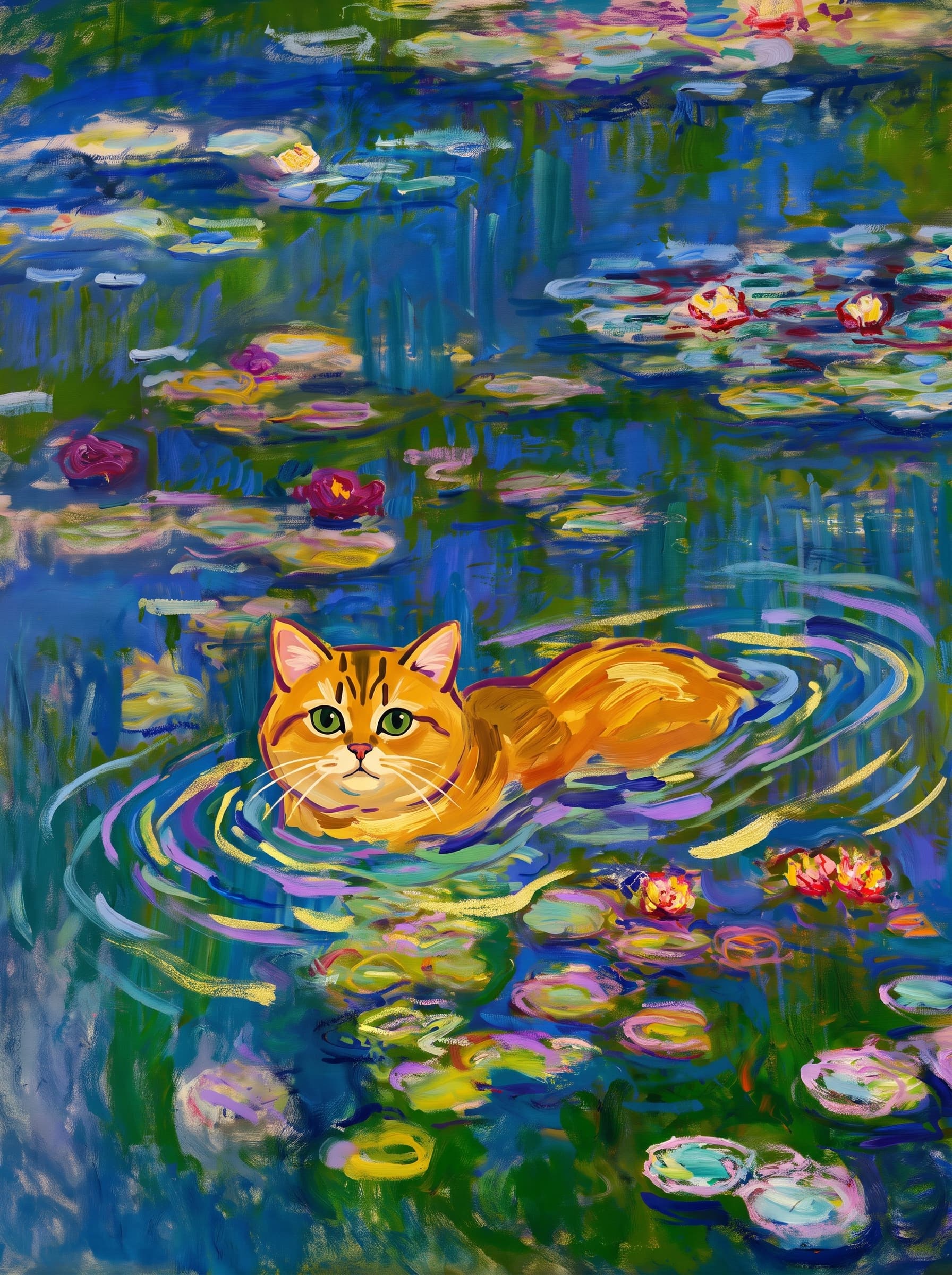 The pet should appear naturally integrated into the middle of the pond, swimming calmly through the water with only its head, upper neck, and a subtle suggestion of its back visible above the surface.
The pet should be facing forward and looking directly at the viewer. Its wet fur should be suggested through painterly strokes.
Blend the pet into the scene using Monet-like impressionist oil painting techniques: visible layered brushstrokes, soft broken color, blue-green reflections, violet shadows, golden-orange highlights, and shimmering ripples around the pet.
The water should partially obscure the pet’s body, with delicate circular ripples spreading outward. Nearby lily pads and water lilies should remain undisturbed but subtly interact with the ripples.
The pet must feel like it was originally painted into the artwork, not pasted on top. Match the atmospheric softness, painterly texture, scale, perspective, and color harmony of the original Water Lilies painting.
Avoid photorealism, sharp outlines, modern digital effects, or excessive detail. The final image should look like a whimsical impressionist oil painting in the spirit of late Monet, with the pet quietly swimming among the lily pads at the center of the pond.
Art Style: Paint in Fauvism, post-impressionism style. Use simplified shapes, exaggerates color, and flattens perspective to create charm and personality.
Use saturated, non-naturalistic colors and flattened perspective reminiscent of Henri Matisse.
The brushwork is loose, visible, and painterly, with uneven strokes that give the surface texture and movement.
Paint with large areas of flat color patches, simplified shapes, bold decorative outlines, and minimal blending.
The composition is flattened and slightly distorted, with compressed perspective.
The painting is expressive, utilizing thick, confident strokes and quick, rhythmic marks that prioritize texture and visual energy over realistic blending or depth.