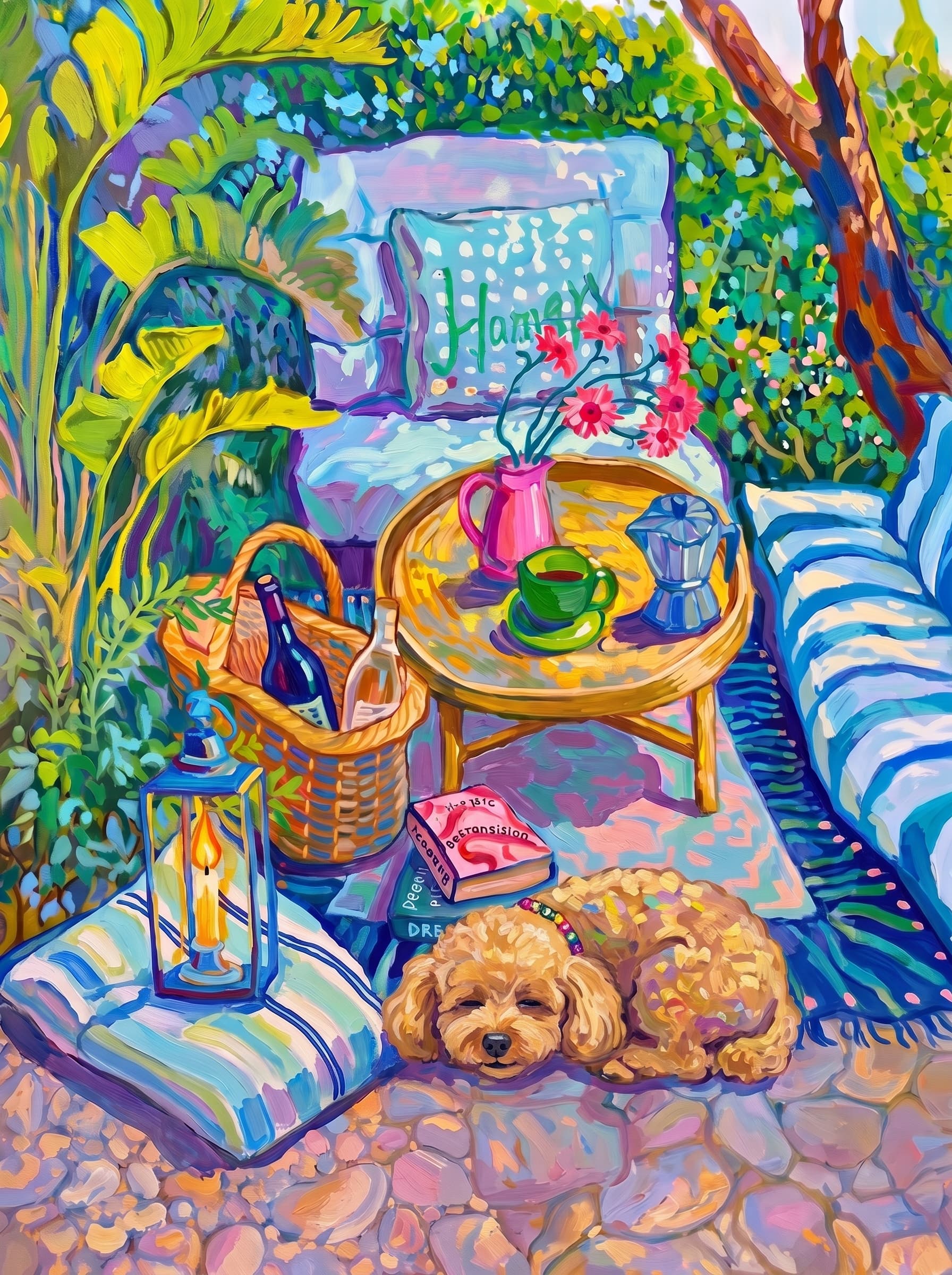 a cozy garden patio filled with lush tropical greenery, blue-and-white striped cushions, a round rattan table, picnic basket, lantern, books, flowers.
The pet is lazily resting in the foreground, almost fall asleep with a relaxed and content expression.
The composition feels intimate and inviting, with foliage and a tree trunk framing the scene, the circular table anchoring the center, and expressive brushwork plus dappled light creating a lively, relaxed outdoor atmosphere.
Art Style: Paint in Fauvism, post-impressionism style. Use simplified shapes, exaggerates color, and flattens perspective to create charm and personality.
Use saturated, non-naturalistic colors and flattened perspective reminiscent of Henri Matisse.
The brushwork is loose, visible, and painterly, with uneven strokes that give the surface texture and movement.
Paint with large areas of flat color patches, simplified shapes, bold decorative outlines, and minimal blending.
The composition is flattened and slightly distorted, with compressed perspective.
The painting is expressive, utilizing thick, confident strokes and quick, rhythmic marks that prioritize texture and visual energy over realistic blending or depth.