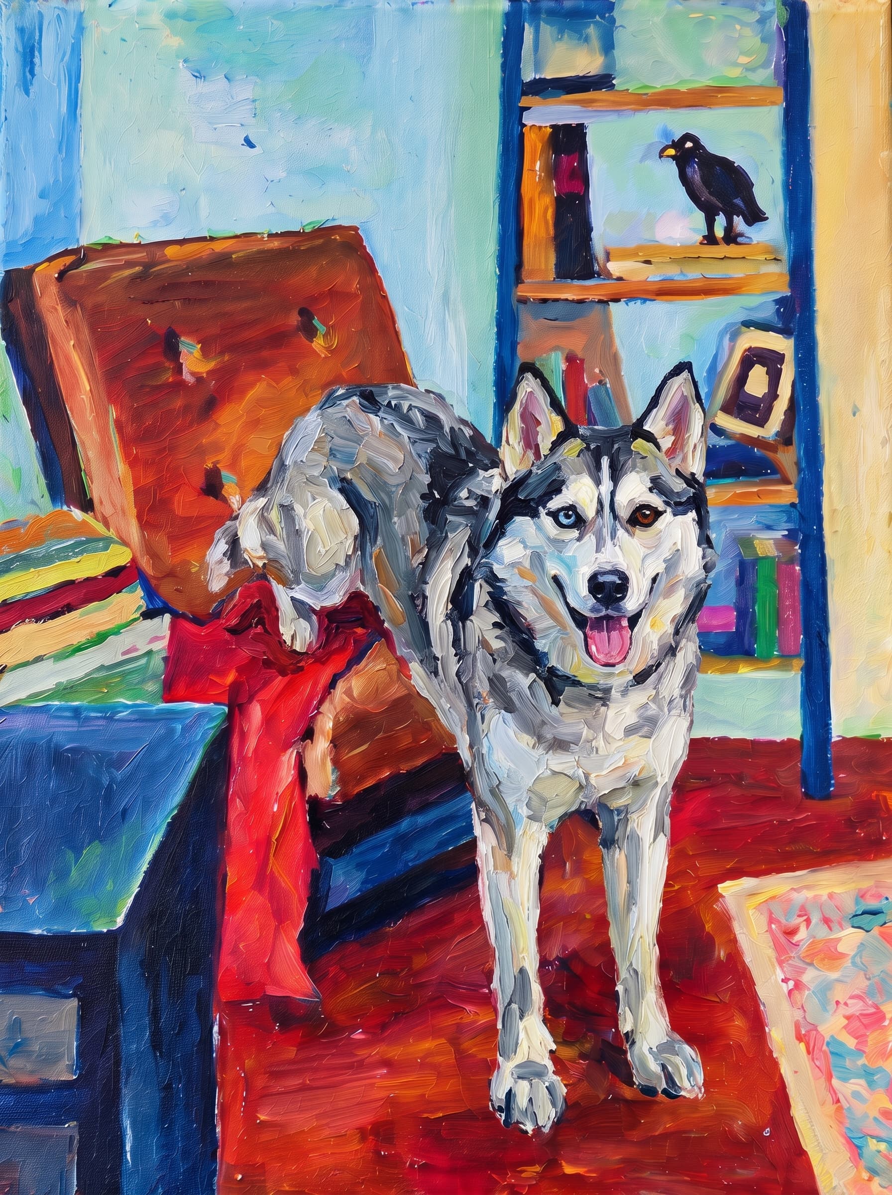 An oil painting in an Impressionist impasto style depicts a warm, cozy indoor space centered around a large, reclined armchair featuring a brown tufted cushion and a vivid red blanket draped across its seat.
Behind the chair stands a rich blue bookshelf adorned with colorful books, a picture frame, and a dark bird figurine perched on the top shelf.
To the left, a matching blue side table holds stacked books, while the room's floor glows in deep mahogany and amber hues alongside a patterned pastel rug.
The vibrant composition is completed by a background of soft turquoise, sky blue, and buttery yellow wall tones, all rendered with thick, visible brushstrokes that lend a lively texture to the scene.
The pet is standing upright on its two front legs, which rest on the dark reddish floor in the foreground. Its rear legs and body are elevated, resting on the seat of the brown reclined armchair, draped over the red blanket.
Paint the pet with the same thick impasto brushstrokes and vivid palette as the rest of the painting.
