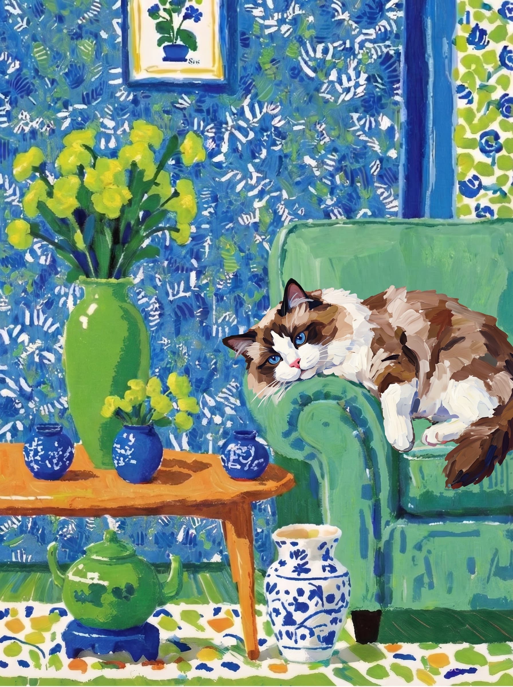 A pet lazy lying on the couch, with head tilt on the edge of couch, eye looking at the the vase. Art Style: Paint in Fauvism, post-impressionism style. Use simplified shapes, exaggerates color, and flattens perspective to create charm and personality.
Use saturated, non-naturalistic colors and flattened perspective reminiscent of Henri Matisse.
The brushwork is loose, visible, and painterly, with uneven strokes that give the surface texture and movement.
Paint with large areas of flat color patches, simplified shapes, bold decorative outlines, and minimal blending.
The composition is flattened and slightly distorted, with compressed perspective.
The painting is expressive, utilizing thick, confident strokes and quick, rhythmic marks that prioritize texture and visual energy over realistic blending or depth.