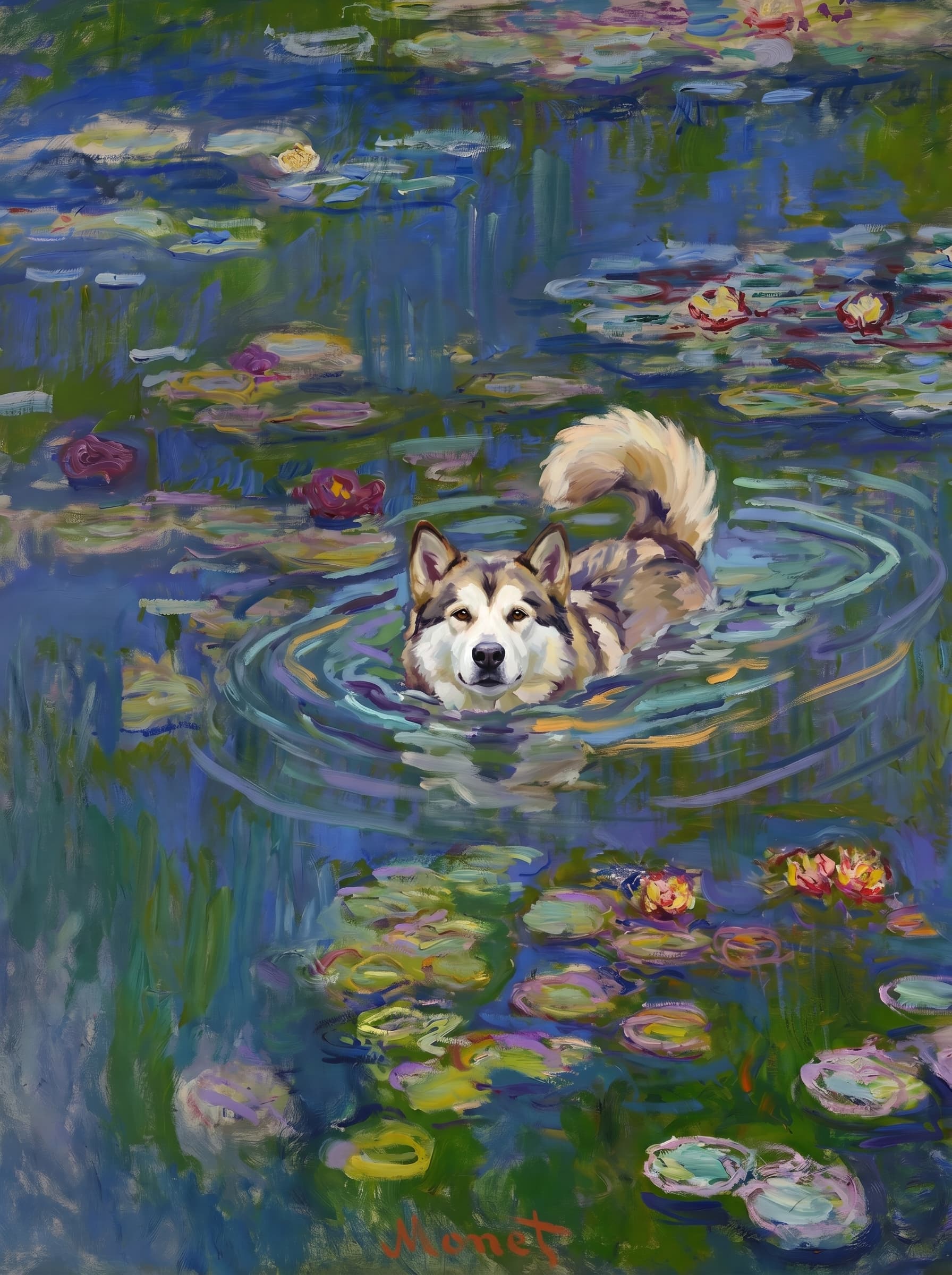 The pet should appear naturally integrated into the middle of the pond, swimming calmly through the water with only its head, upper neck, and a subtle suggestion of its back visible above the surface.
The pet should be facing forward and looking directly at the viewer. Its wet fur should be suggested through painterly strokes.
Blend the pet into the scene using Monet-like impressionist oil painting techniques: visible layered brushstrokes, soft broken color, blue-green reflections, violet shadows, golden-orange highlights, and shimmering ripples around the pet.
The water should partially obscure the pet’s body, with delicate circular ripples spreading outward. Nearby lily pads and water lilies should remain undisturbed but subtly interact with the ripples.
The pet must feel like it was originally painted into the artwork, not pasted on top. Match the atmospheric softness, painterly texture, scale, perspective, and color harmony of the original Water Lilies painting.
Avoid photorealism, sharp outlines, modern digital effects, or excessive detail. The final image should look like a whimsical impressionist oil painting in the spirit of late Monet, with the pet quietly swimming among the lily pads at the center of the pond.
Art Style: Paint in Fauvism, post-impressionism style. Use simplified shapes, exaggerates color, and flattens perspective to create charm and personality.
Use saturated, non-naturalistic colors and flattened perspective reminiscent of Henri Matisse.
The brushwork is loose, visible, and painterly, with uneven strokes that give the surface texture and movement.
Paint with large areas of flat color patches, simplified shapes, bold decorative outlines, and minimal blending.
The composition is flattened and slightly distorted, with compressed perspective.
The painting is expressive, utilizing thick, confident strokes and quick, rhythmic marks that prioritize texture and visual energy over realistic blending or depth.