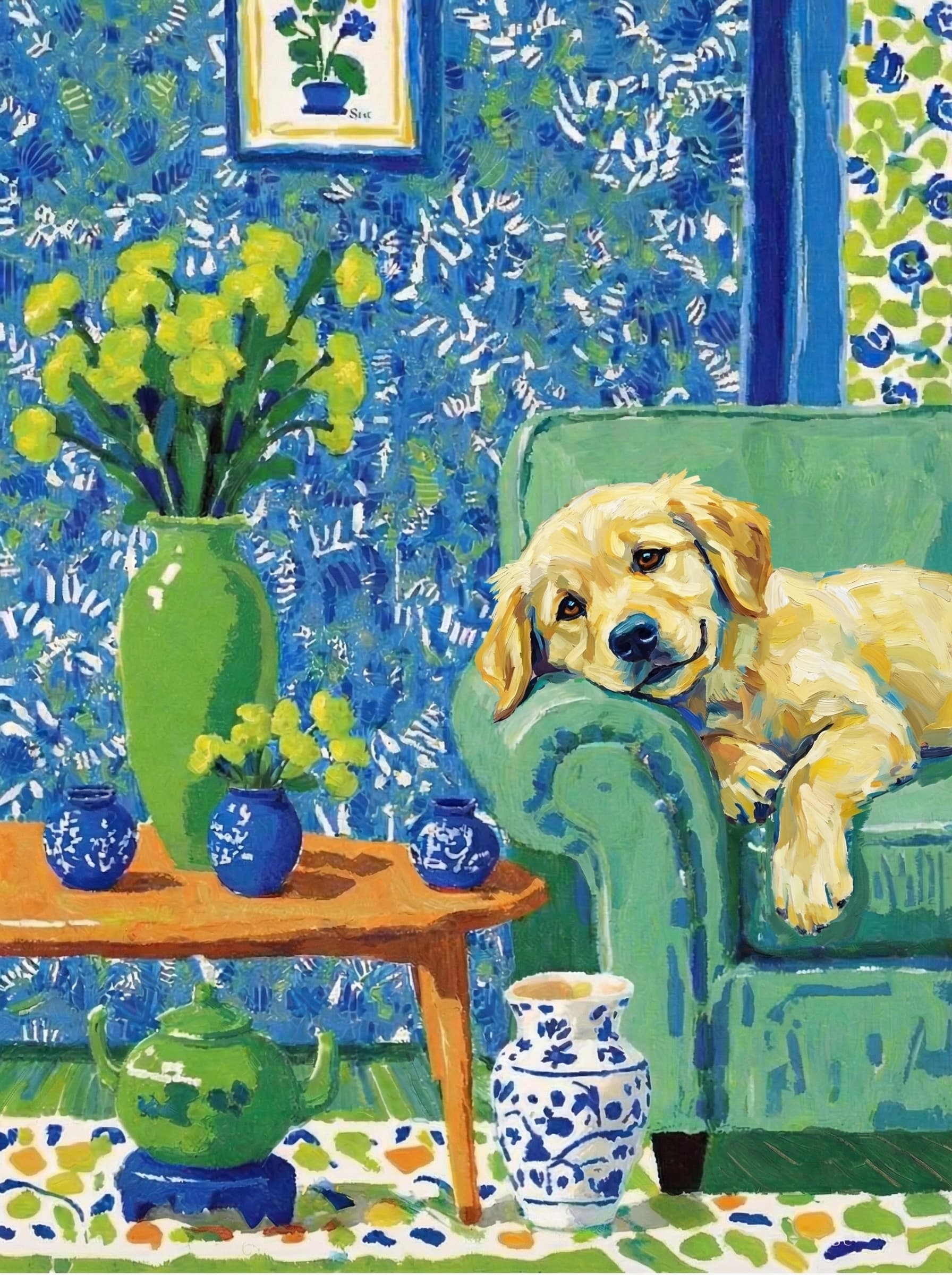 A pet lazy lying on the couch, with head tilt on the edge of couch, eye looking at the the vase. paint in post-impressionism style. Use saturated, non-naturalistic colors and flattened perspective reminiscent of Henri Matisse. painterly and expressive, utilizing thick, confident strokes and quick, rhythmic marks that prioritize texture and visual energy over realistic blending or depth.