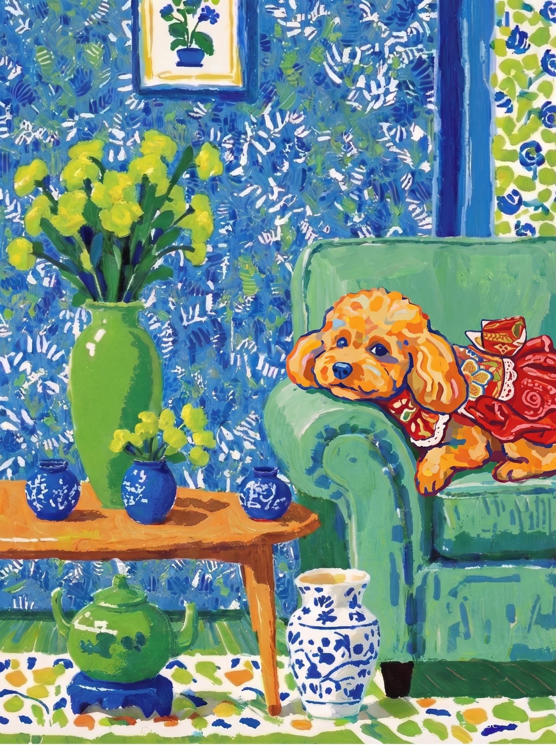 A pet lazy lying on the couch, with head tilt on the edge of couch, eye looking at the the vase. Art Style: Paint in Fauvism, post-impressionism style. Use simplified shapes, exaggerates color, and flattens perspective to create charm and personality.
Use saturated, non-naturalistic colors and flattened perspective reminiscent of Henri Matisse.
The brushwork is loose, visible, and painterly, with uneven strokes that give the surface texture and movement.
Paint with large areas of flat color patches, simplified shapes, bold decorative outlines, and minimal blending.
The composition is flattened and slightly distorted, with compressed perspective.
The painting is expressive, utilizing thick, confident strokes and quick, rhythmic marks that prioritize texture and visual energy over realistic blending or depth.