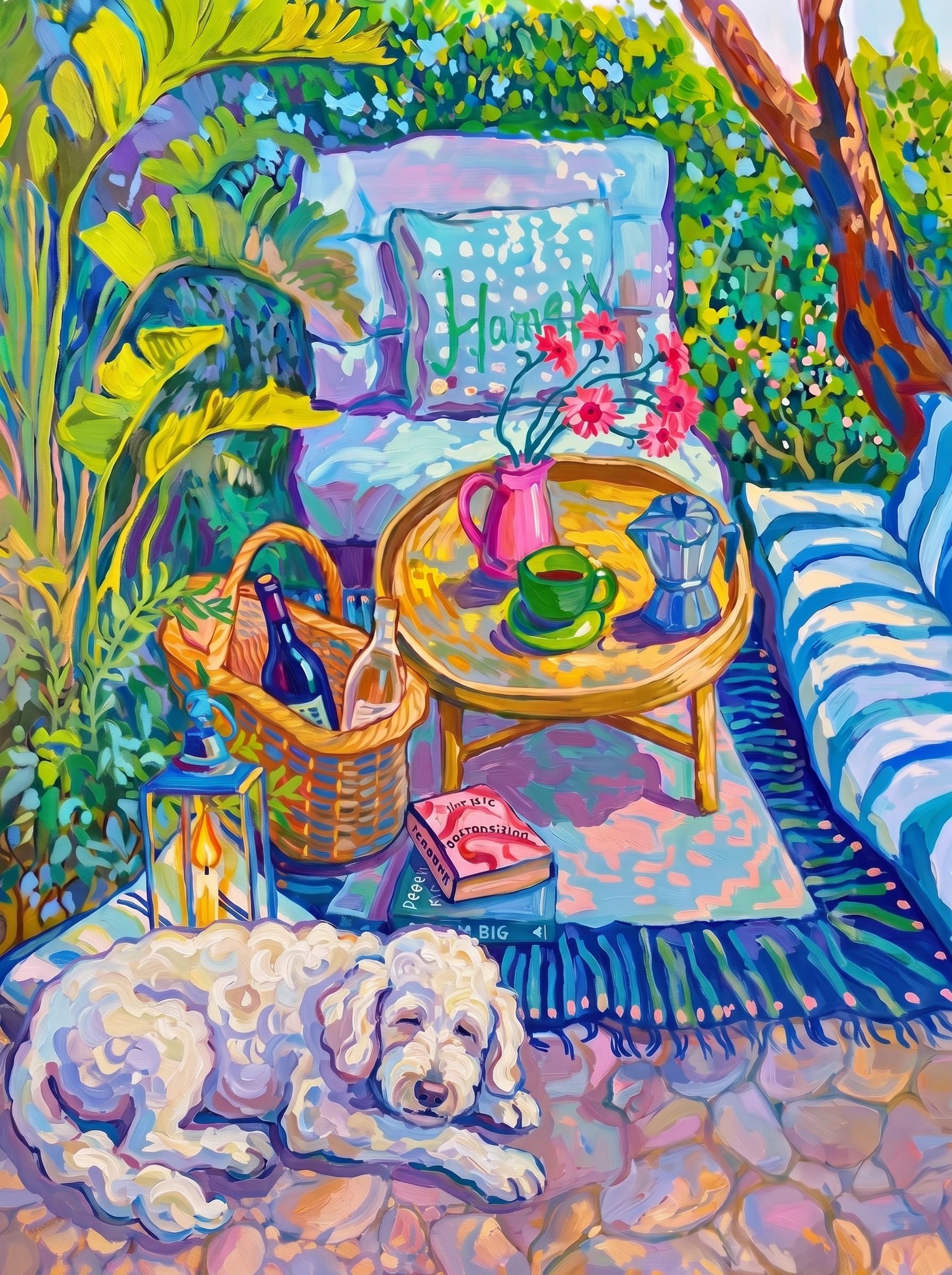a cozy garden patio filled with lush tropical greenery, blue-and-white striped cushions, a round rattan table, picnic basket, lantern, books, flowers.
The pet is lazily resting in the foreground, almost fall asleep with a relaxed and content expression.
The composition feels intimate and inviting, with foliage and a tree trunk framing the scene, the circular table anchoring the center, and expressive brushwork plus dappled light creating a lively, relaxed outdoor atmosphere.
Art Style: Paint in Fauvism, post-impressionism style. Use simplified shapes, exaggerates color, and flattens perspective to create charm and personality.
Use saturated, non-naturalistic colors and flattened perspective reminiscent of Henri Matisse.
The brushwork is loose, visible, and painterly, with uneven strokes that give the surface texture and movement.
Paint with large areas of flat color patches, simplified shapes, bold decorative outlines, and minimal blending.
The composition is flattened and slightly distorted, with compressed perspective.
The painting is expressive, utilizing thick, confident strokes and quick, rhythmic marks that prioritize texture and visual energy over realistic blending or depth.