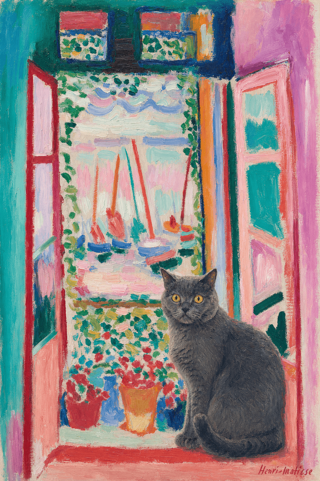 A pet sitting on the right bottom frame of an open door, with its back to the opening while facing the room, looking at the viewer, slight leaning on the right-side door panel. Paint in post-impressionism style. Use loosely painted, vibrantly colored, stylized, vertical painting.