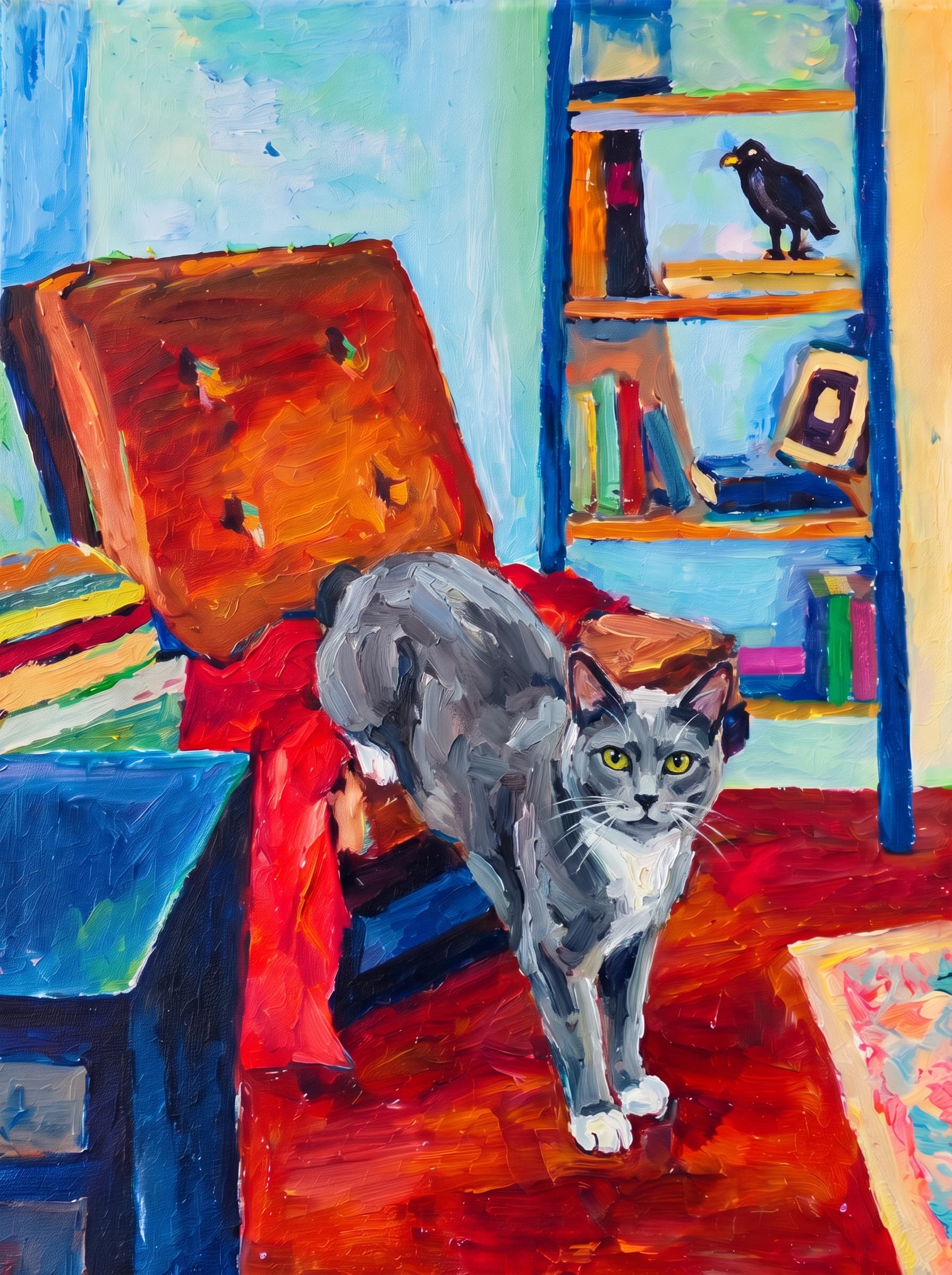 An oil painting in an Impressionist impasto style depicts a warm, cozy indoor space centered around a large, reclined armchair featuring a brown tufted cushion and a vivid red blanket draped across its seat.
Behind the chair stands a rich blue bookshelf adorned with colorful books, a picture frame, and a dark bird figurine perched on the top shelf.
To the left, a matching blue side table holds stacked books, while the room's floor glows in deep mahogany and amber hues alongside a patterned pastel rug.
The vibrant composition is completed by a background of soft turquoise, sky blue, and buttery yellow wall tones, all rendered with thick, visible brushstrokes that lend a lively texture to the scene.
The pet is standing upright on its two front legs, which rest on the dark reddish floor in the foreground. Its rear legs and body are elevated, resting on the seat of the brown reclined armchair, draped over the red blanket.
Paint the pet with the same thick impasto brushstrokes and vivid palette as the rest of the painting.