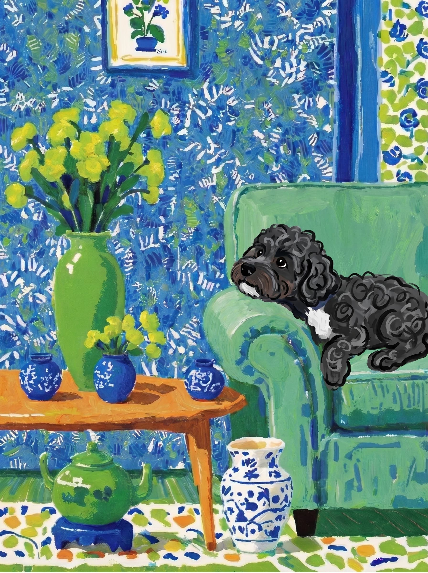 A pet lazy lying on the couch, with head tilt on the edge of couch, eye looking at the the vase. Art Style: Paint in Fauvism, post-impressionism style. Use simplified shapes, exaggerates color, and flattens perspective to create charm and personality.
Use saturated, non-naturalistic colors and flattened perspective reminiscent of Henri Matisse.
The brushwork is loose, visible, and painterly, with uneven strokes that give the surface texture and movement.
Paint with large areas of flat color patches, simplified shapes, bold decorative outlines, and minimal blending.
The composition is flattened and slightly distorted, with compressed perspective.
The painting is expressive, utilizing thick, confident strokes and quick, rhythmic marks that prioritize texture and visual energy over realistic blending or depth.