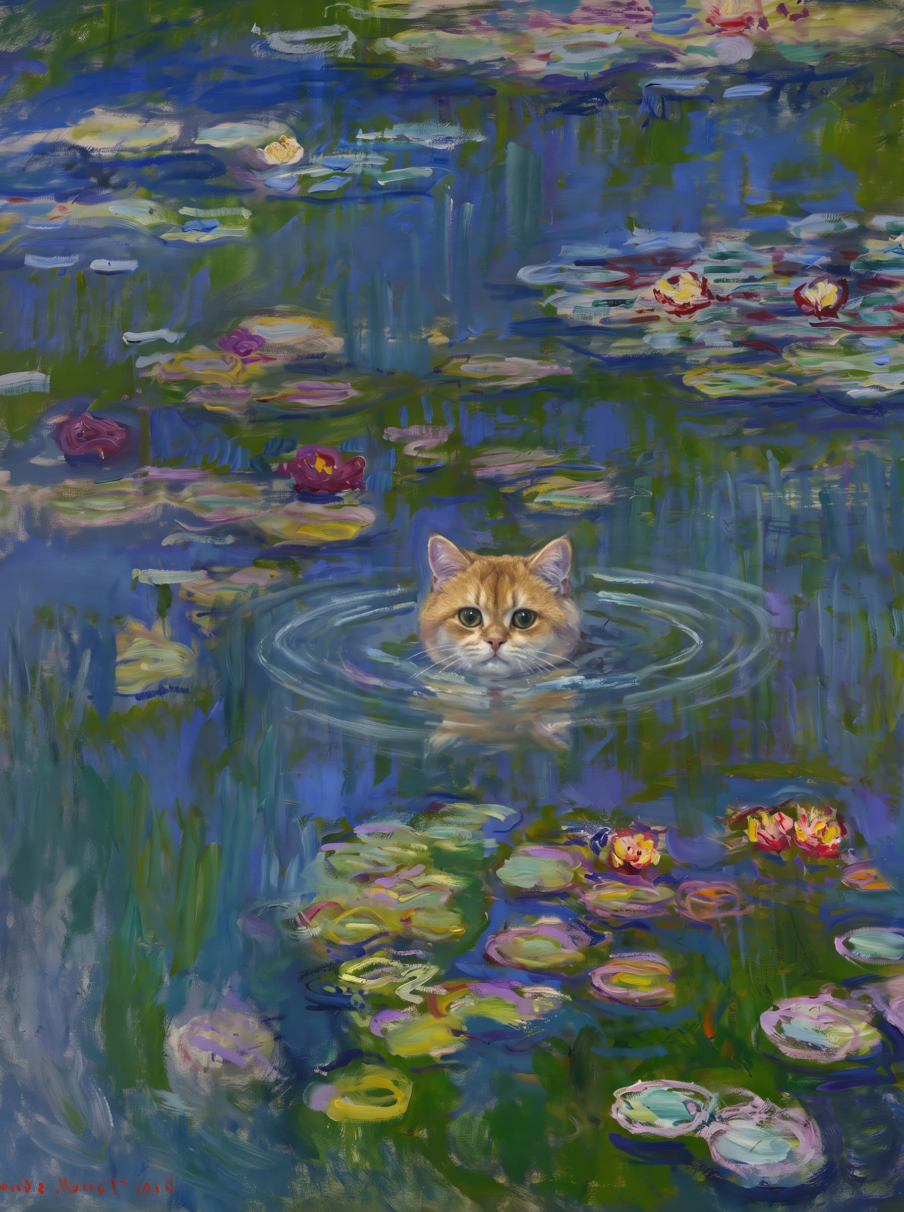 The pet should appear naturally integrated into the middle of the pond, swimming calmly through the water with only its head, upper neck, and a subtle suggestion of its back visible above the surface.
The pet should be facing forward and looking directly at the viewer. Its wet fur should be suggested through painterly strokes.
Blend the pet into the scene using Monet-like impressionist oil painting techniques: visible layered brushstrokes, soft broken color, blue-green reflections, violet shadows, golden-orange highlights, and shimmering ripples around the pet.
The water should partially obscure the pet’s body, with delicate circular ripples spreading outward. Nearby lily pads and water lilies should remain undisturbed but subtly interact with the ripples.
The pet must feel like it was originally painted into the artwork, not pasted on top. Match the atmospheric softness, painterly texture, scale, perspective, and color harmony of the original Water Lilies painting.
Avoid photorealism, sharp outlines, modern digital effects, or excessive detail. The final image should look like a whimsical impressionist oil painting in the spirit of late Monet, with the pet quietly swimming among the lily pads at the center of the pond.
Art Style: Paint in Fauvism, post-impressionism style. Use simplified shapes, exaggerates color, and flattens perspective to create charm and personality.
Use saturated, non-naturalistic colors and flattened perspective reminiscent of Henri Matisse.
The brushwork is loose, visible, and painterly, with uneven strokes that give the surface texture and movement.
Paint with large areas of flat color patches, simplified shapes, bold decorative outlines, and minimal blending.
The composition is flattened and slightly distorted, with compressed perspective.
The painting is expressive, utilizing thick, confident strokes and quick, rhythmic marks that prioritize texture and visual energy over realistic blending or depth.