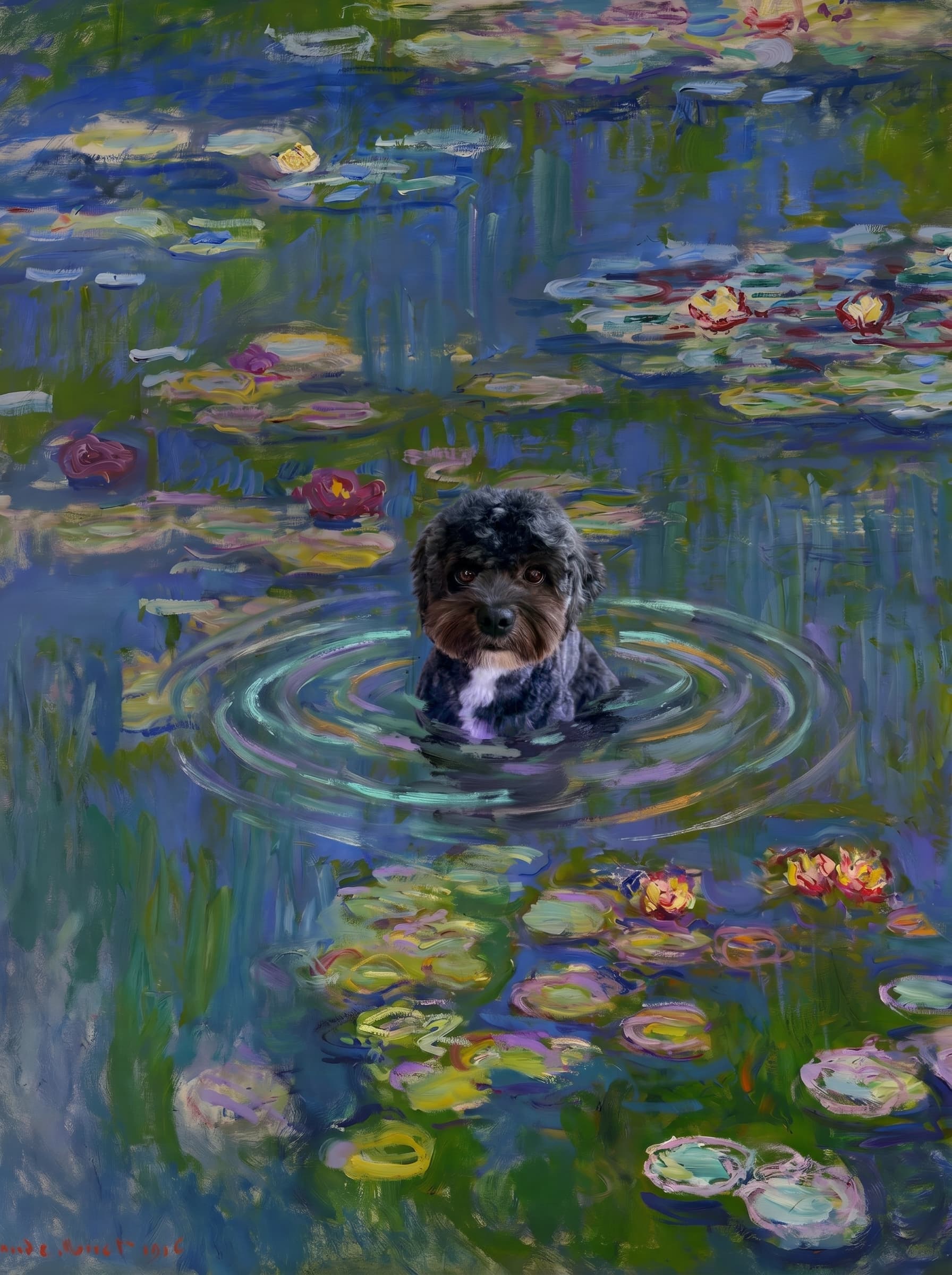 The pet should appear naturally integrated into the middle of the pond, swimming calmly through the water with only its head, upper neck, and a subtle suggestion of its back visible above the surface.
The pet should be facing forward and looking directly at the viewer. Its wet fur should be suggested through painterly strokes.
Blend the pet into the scene using Monet-like impressionist oil painting techniques: visible layered brushstrokes, soft broken color, blue-green reflections, violet shadows, golden-orange highlights, and shimmering ripples around the pet.
The water should partially obscure the pet’s body, with delicate circular ripples spreading outward. Nearby lily pads and water lilies should remain undisturbed but subtly interact with the ripples.
The pet must feel like it was originally painted into the artwork, not pasted on top. Match the atmospheric softness, painterly texture, scale, perspective, and color harmony of the original Water Lilies painting.
Avoid photorealism, sharp outlines, modern digital effects, or excessive detail. The final image should look like a whimsical impressionist oil painting in the spirit of late Monet, with the pet quietly swimming among the lily pads at the center of the pond.
Art Style: Paint in Fauvism, post-impressionism style. Use simplified shapes, exaggerates color, and flattens perspective to create charm and personality.
Use saturated, non-naturalistic colors and flattened perspective reminiscent of Henri Matisse.
The brushwork is loose, visible, and painterly, with uneven strokes that give the surface texture and movement.
Paint with large areas of flat color patches, simplified shapes, bold decorative outlines, and minimal blending.
The composition is flattened and slightly distorted, with compressed perspective.
The painting is expressive, utilizing thick, confident strokes and quick, rhythmic marks that prioritize texture and visual energy over realistic blending or depth.