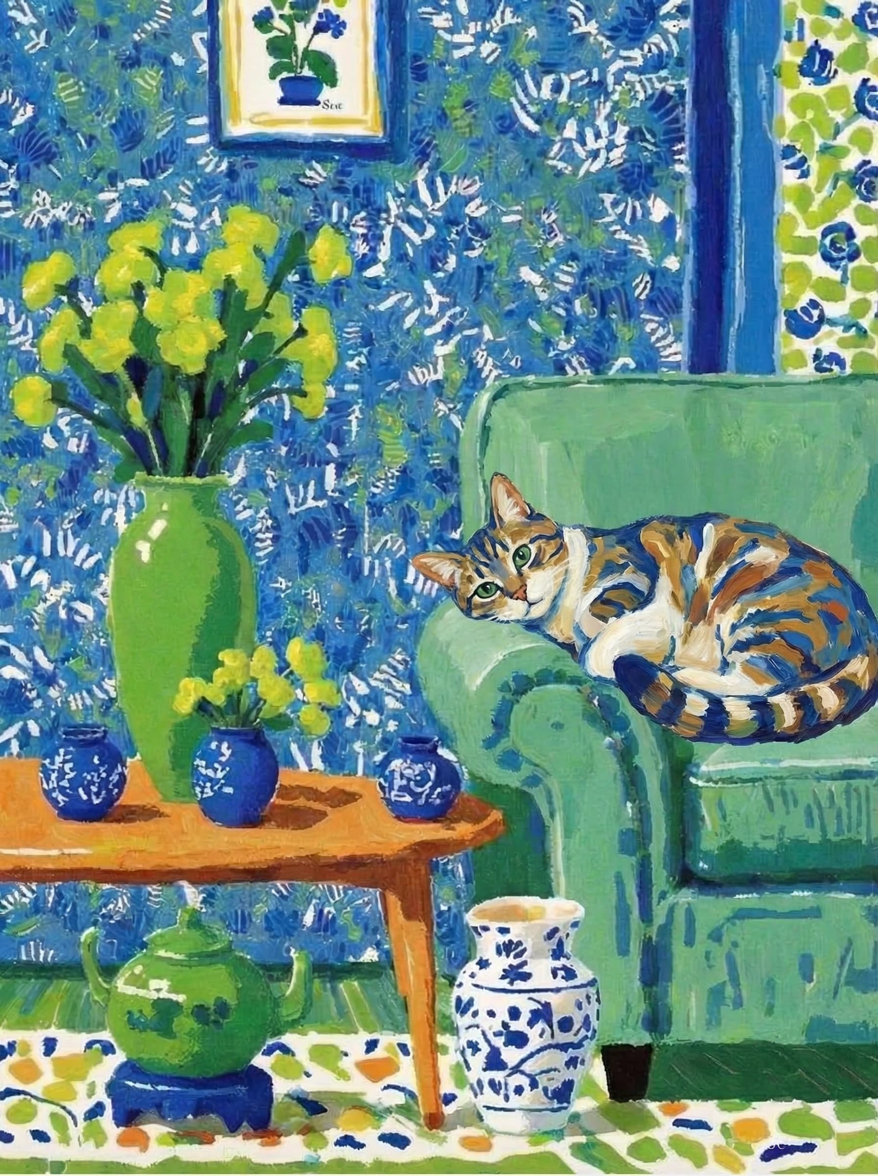 A pet lazy lying on the couch, with head tilt on the edge of couch, eye looking at the the vase. paint in post-impressionism style. Use saturated, non-naturalistic colors and flattened perspective reminiscent of Henri Matisse. painterly and expressive, utilizing thick, confident strokes and quick, rhythmic marks that prioritize texture and visual energy over realistic blending or depth.