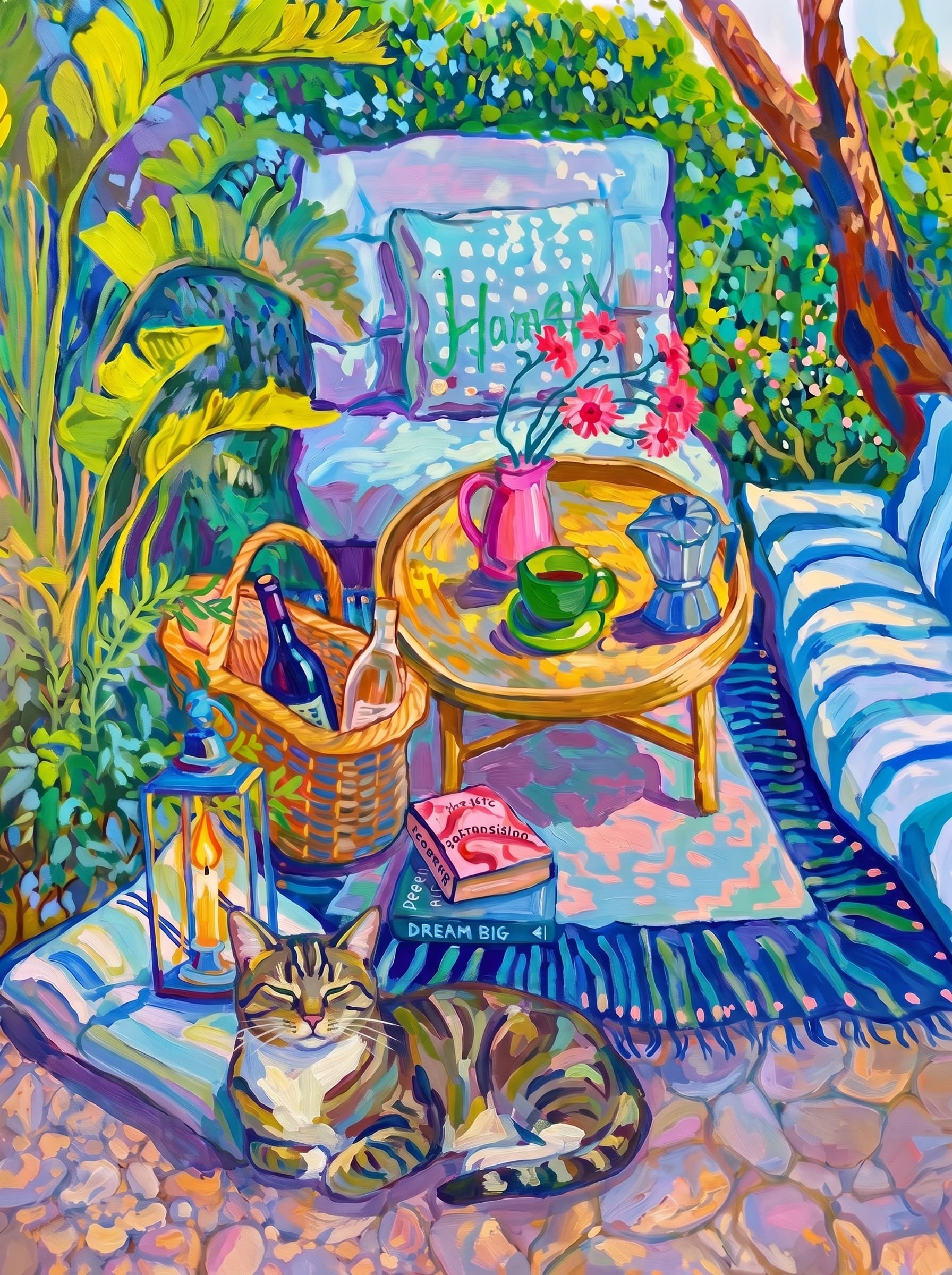 a cozy garden patio filled with lush tropical greenery, blue-and-white striped cushions, a round rattan table, picnic basket, lantern, books, flowers.
The pet is lazily resting in the foreground, almost fall asleep with a relaxed and content expression.
The composition feels intimate and inviting, with foliage and a tree trunk framing the scene, the circular table anchoring the center, and expressive brushwork plus dappled light creating a lively, relaxed outdoor atmosphere.
Art Style: Paint in Fauvism, post-impressionism style. Use simplified shapes, exaggerates color, and flattens perspective to create charm and personality.
Use saturated, non-naturalistic colors and flattened perspective reminiscent of Henri Matisse.
The brushwork is loose, visible, and painterly, with uneven strokes that give the surface texture and movement.
Paint with large areas of flat color patches, simplified shapes, bold decorative outlines, and minimal blending.
The composition is flattened and slightly distorted, with compressed perspective.
The painting is expressive, utilizing thick, confident strokes and quick, rhythmic marks that prioritize texture and visual energy over realistic blending or depth.
