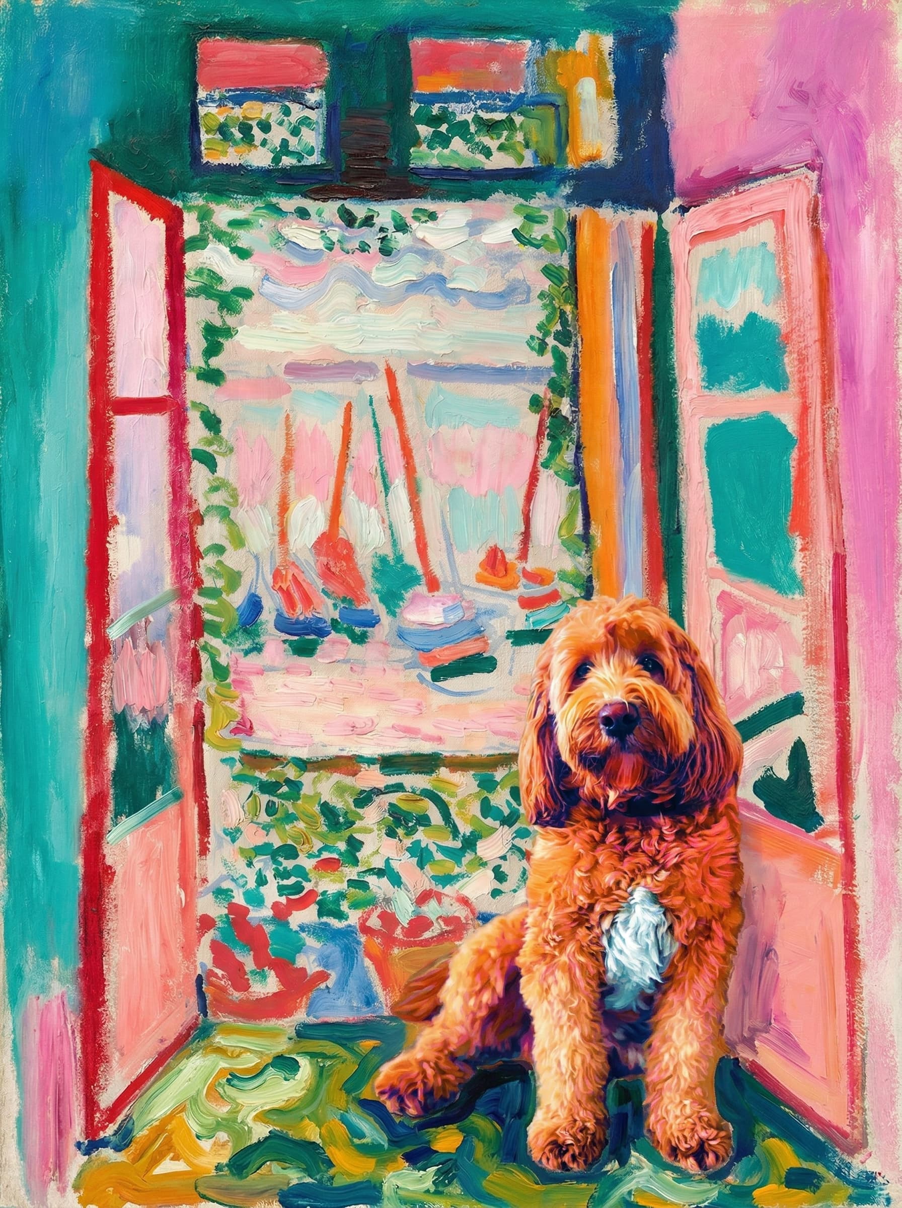 A pet sitting on the right bottom frame of an open door, with its back to the opening while facing the room, looking at the viewer, slight leaning on the right-side door panel. Paint in post-impressionism style. Use loosely painted, vibrantly colored, stylized, vertical painting.