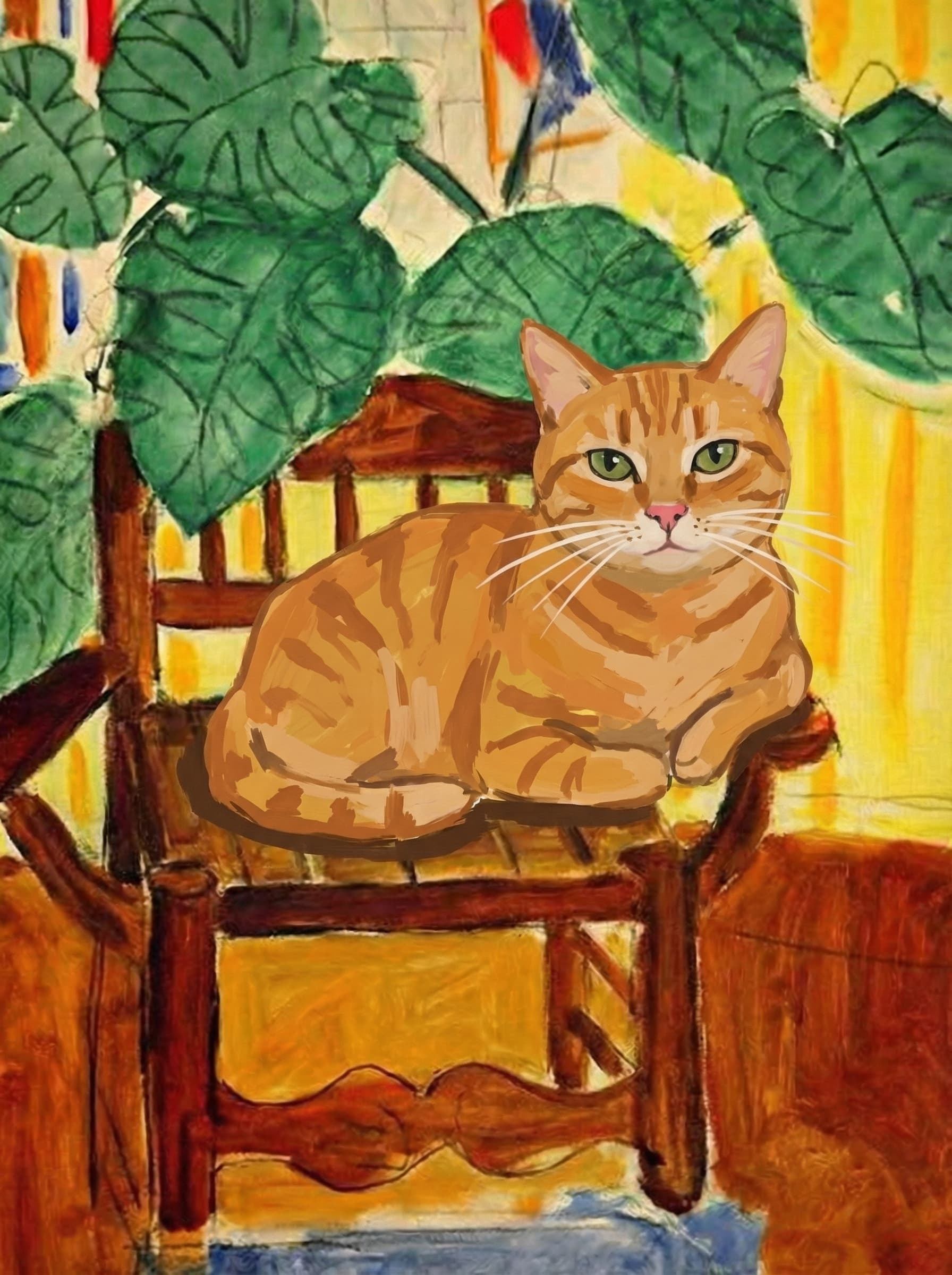 A pet sitting on a brown chair, looking at the viewer. Colors are applied with minimal blending, creating a flat, illustrative feel. The brushwork is broad, rapid, and direct. Strokes are loose, visible, applied thinly, defining the forms quickly without building up significant physical texture or impasto on the surface.