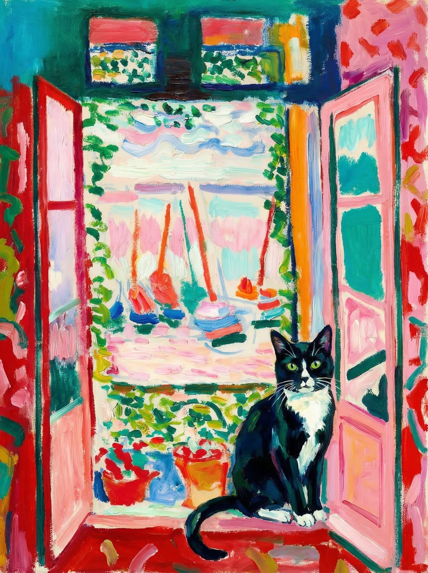 A pet sitting on the right bottom frame of an open door, with its back to the opening while facing the room, looking at the viewer, slight leaning on the right-side door panel. Paint in post-impressionism style. Use loosely painted, vibrantly colored, stylized, vertical painting.