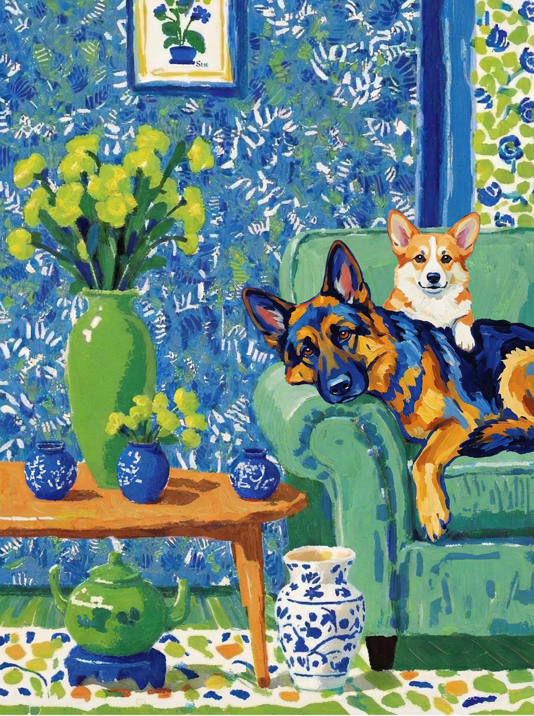 A pet lazy lying on the couch, with head tilt on the edge of couch, eye looking at the the vase. paint in post-impressionism style. Use saturated, non-naturalistic colors and flattened perspective reminiscent of Henri Matisse. painterly and expressive, utilizing thick, confident strokes and quick, rhythmic marks that prioritize texture and visual energy over realistic blending or depth.