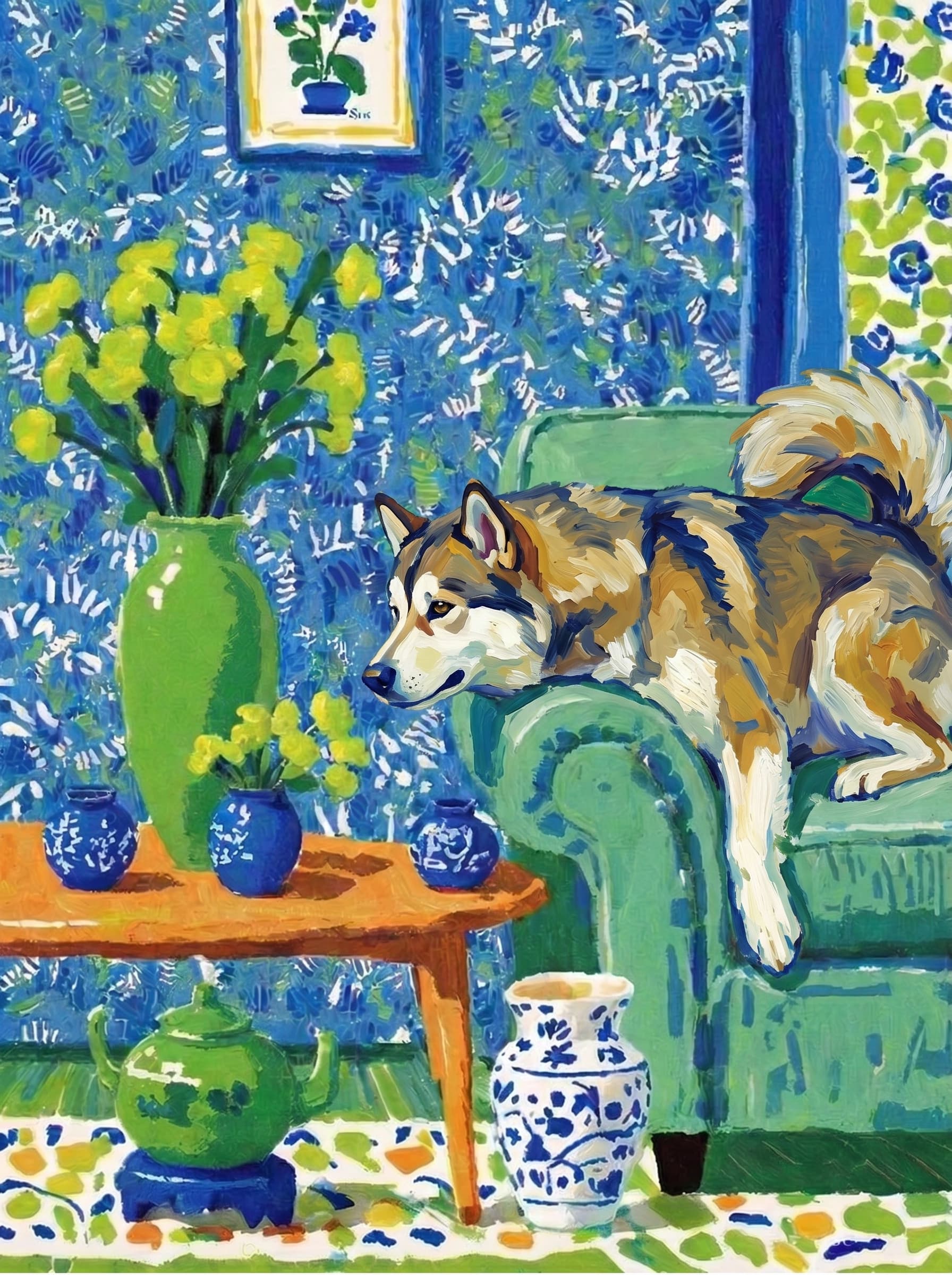 A pet lazy lying on the couch, with head tilt on the edge of couch, eye looking at the the vase. paint in post-impressionism style. Use saturated, non-naturalistic colors and flattened perspective reminiscent of Henri Matisse. painterly and expressive, utilizing thick, confident strokes and quick, rhythmic marks that prioritize texture and visual energy over realistic blending or depth.