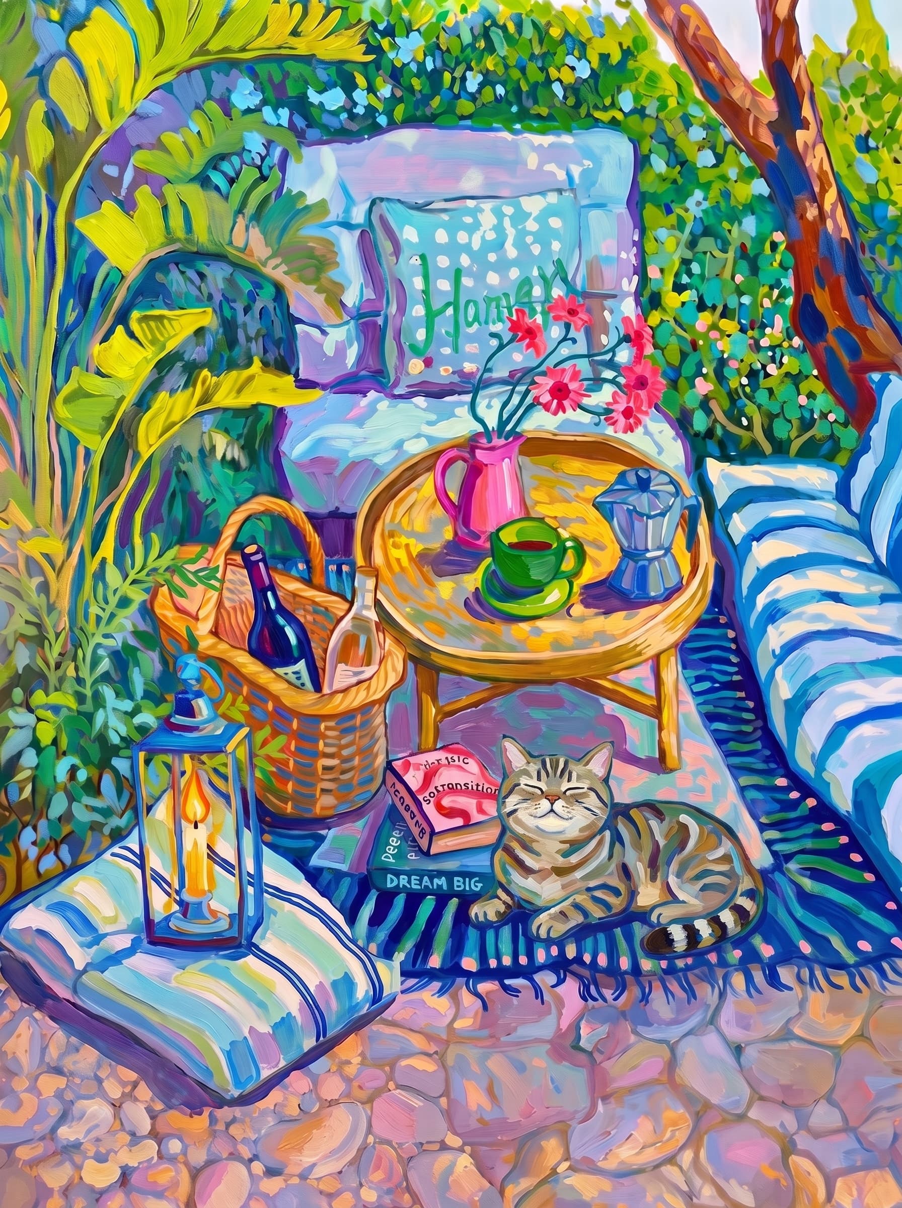 a cozy garden patio filled with lush tropical greenery, blue-and-white striped cushions, a round rattan table, picnic basket, lantern, books, flowers.
The pet is lazily resting in the foreground, almost fall asleep with a relaxed and content expression.
The composition feels intimate and inviting, with foliage and a tree trunk framing the scene, the circular table anchoring the center, and expressive brushwork plus dappled light creating a lively, relaxed outdoor atmosphere.
Art Style: Paint in Fauvism, post-impressionism style. Use simplified shapes, exaggerates color, and flattens perspective to create charm and personality.
Use saturated, non-naturalistic colors and flattened perspective reminiscent of Henri Matisse.
The brushwork is loose, visible, and painterly, with uneven strokes that give the surface texture and movement.
Paint with large areas of flat color patches, simplified shapes, bold decorative outlines, and minimal blending.
The composition is flattened and slightly distorted, with compressed perspective.
The painting is expressive, utilizing thick, confident strokes and quick, rhythmic marks that prioritize texture and visual energy over realistic blending or depth.