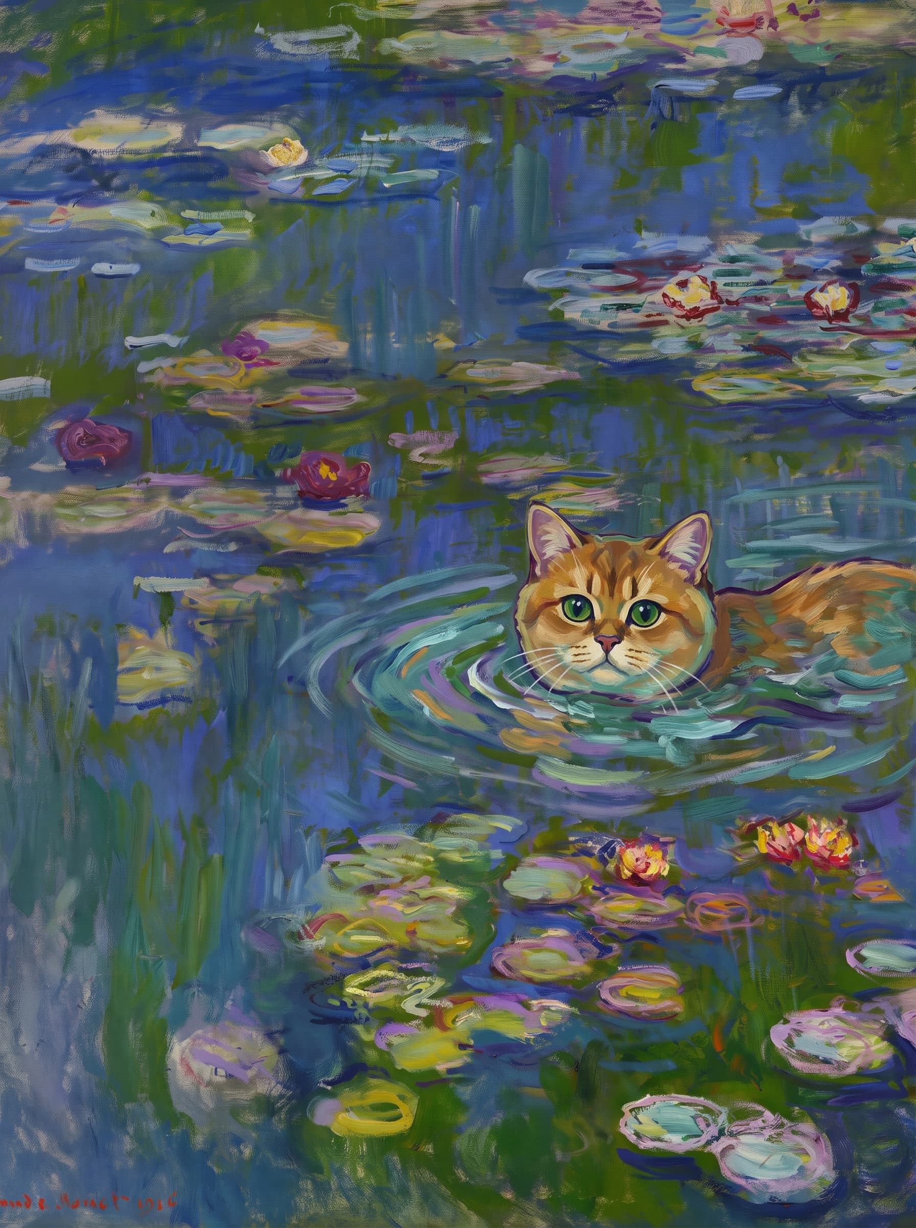 The pet should appear naturally integrated into the middle of the pond, swimming calmly through the water with only its head, upper neck, and a subtle suggestion of its back visible above the surface.
The pet should be facing forward and looking directly at the viewer. Its wet fur should be suggested through painterly strokes.
Blend the pet into the scene using Monet-like impressionist oil painting techniques: visible layered brushstrokes, soft broken color, blue-green reflections, violet shadows, golden-orange highlights, and shimmering ripples around the pet.
The water should partially obscure the pet’s body, with delicate circular ripples spreading outward. Nearby lily pads and water lilies should remain undisturbed but subtly interact with the ripples.
The pet must feel like it was originally painted into the artwork, not pasted on top. Match the atmospheric softness, painterly texture, scale, perspective, and color harmony of the original Water Lilies painting.
Avoid photorealism, sharp outlines, modern digital effects, or excessive detail. The final image should look like a whimsical impressionist oil painting in the spirit of late Monet, with the pet quietly swimming among the lily pads at the center of the pond.
Art Style: Paint in Fauvism, post-impressionism style. Use simplified shapes, exaggerates color, and flattens perspective to create charm and personality.
Use saturated, non-naturalistic colors and flattened perspective reminiscent of Henri Matisse.
The brushwork is loose, visible, and painterly, with uneven strokes that give the surface texture and movement.
Paint with large areas of flat color patches, simplified shapes, bold decorative outlines, and minimal blending.
The composition is flattened and slightly distorted, with compressed perspective.
The painting is expressive, utilizing thick, confident strokes and quick, rhythmic marks that prioritize texture and visual energy over realistic blending or depth.